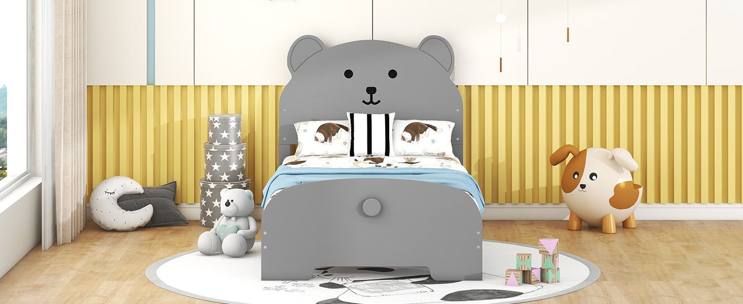 Twin Size Wood Platform Bed With Bear Shaped Headboard And Footboard,Gray Gray Wood