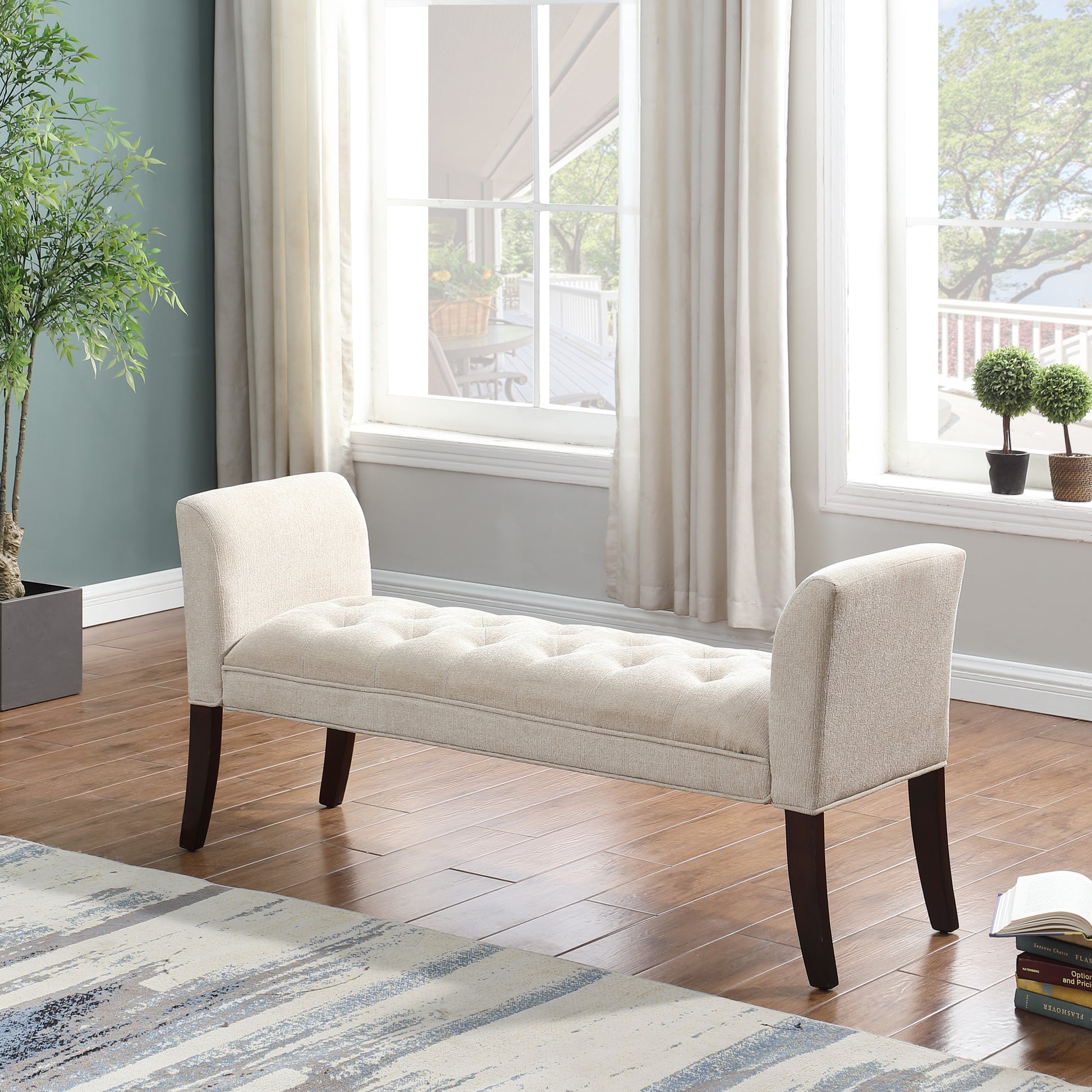 Bed End Bench, Button Tufted Design, Bedroom Entrance Bench With Armrest And Solid Wood Legs, Suitable For Bedroom, Beige Beige Wood Espresso Bedroom Modern Rubberwood Foam Linen Rubber Wood