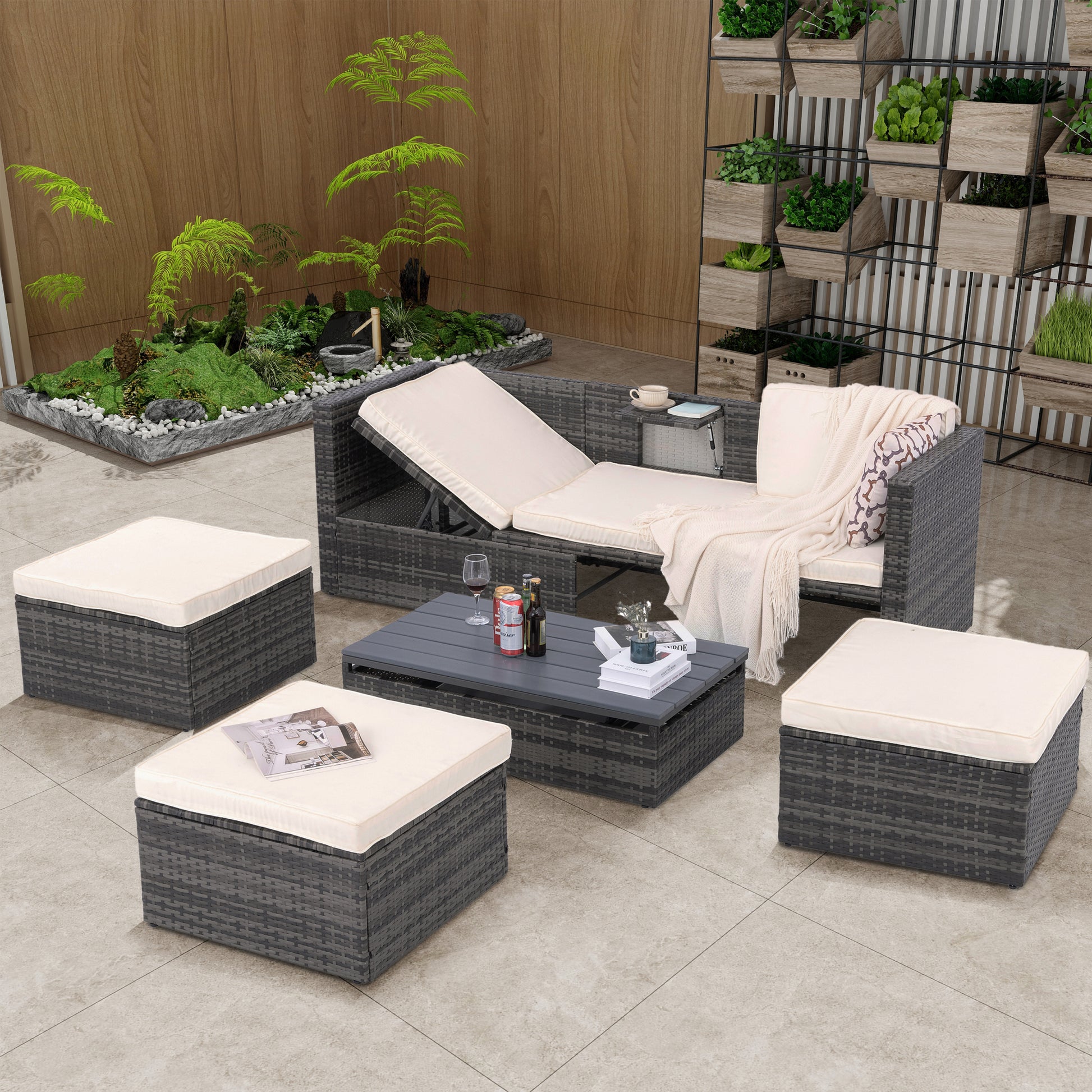 Patio Furniture, Outdoor Furniture, Seasonal Pe Wicker Furniture,5 Set Wicker Furniture With Plywood Coffee Table,With Lift Top Coffee Table,With Lounger Sofa Dark Gray Pe Rattan Iron Waterproof Fabric