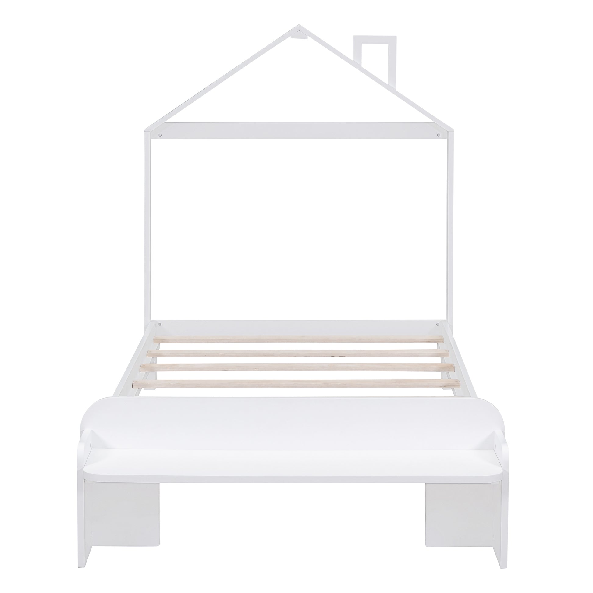 Twin Size Wood Platform Bed With House Shaped Headboard And Footboard Bench,White White Wood