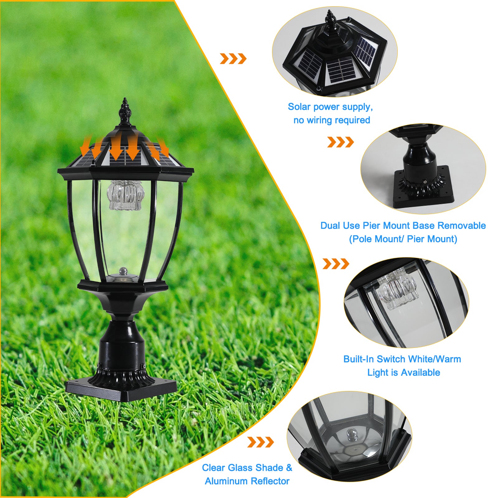 Solar Column Headlights With Dimmable Led 1 Pack Black Glass Aluminium