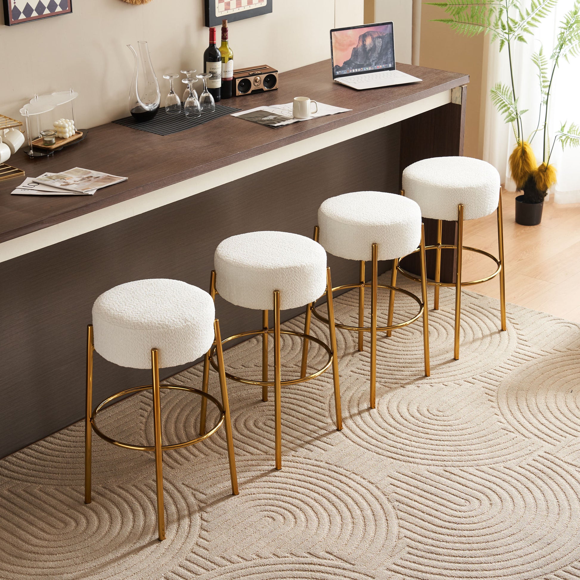 30" Tall, Round High Bar Stools, Set Of 2 Contemporary Upholstered Dining Stools For Kitchens, Coffee Shops And Bar Stores Includes Sturdy Hardware Support Legs Beige Foam