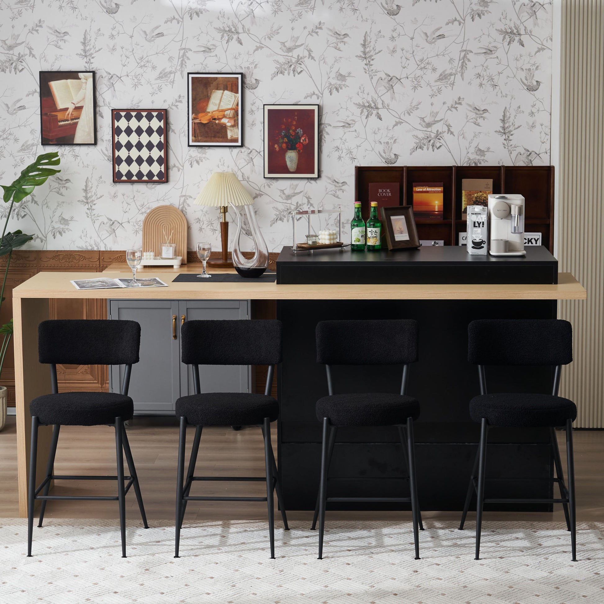 Set Of 2 Modern Teddy Fabric Upholstered Bar Stools Metal Base High Stool Suitable For Kitchen, Dining And Living Room Black Stylish And Comfortable Island Seating Black Metal
