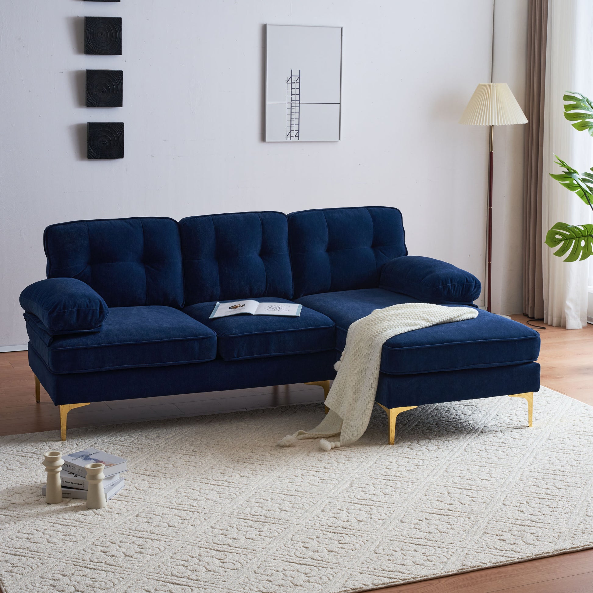 83" Modern Sectional Sofas Couches Velvet L Shaped Couches For Living Room, Bedroom, Blue Blue Foam Velvet