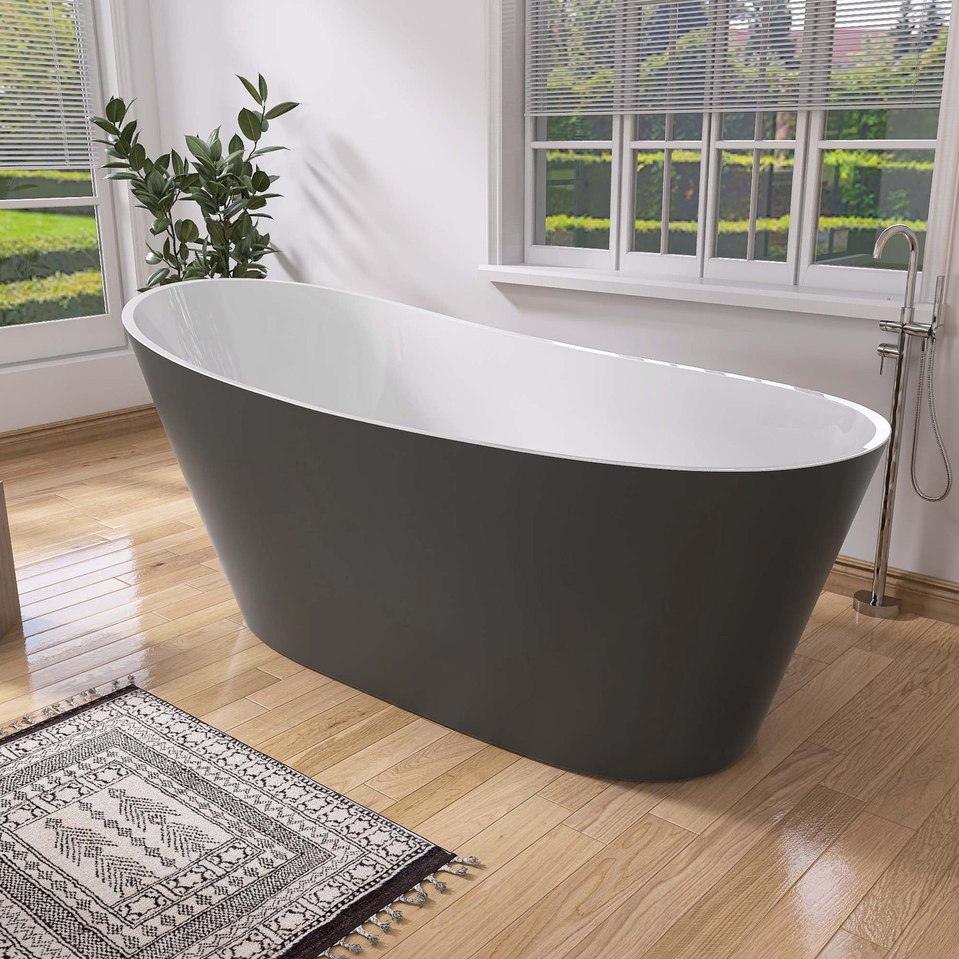 59" Acrylic Freestanding Bathtub Matte Grey Modern Stand Alone Soaking Bathtub, Brushed Nickel Drain And Minimalist Linear Design Overflow Included White Gray Oval Bathroom Freestanding Tubs Matte 59 61 In Contemporary,Modern,Vintage Soaking Center Front