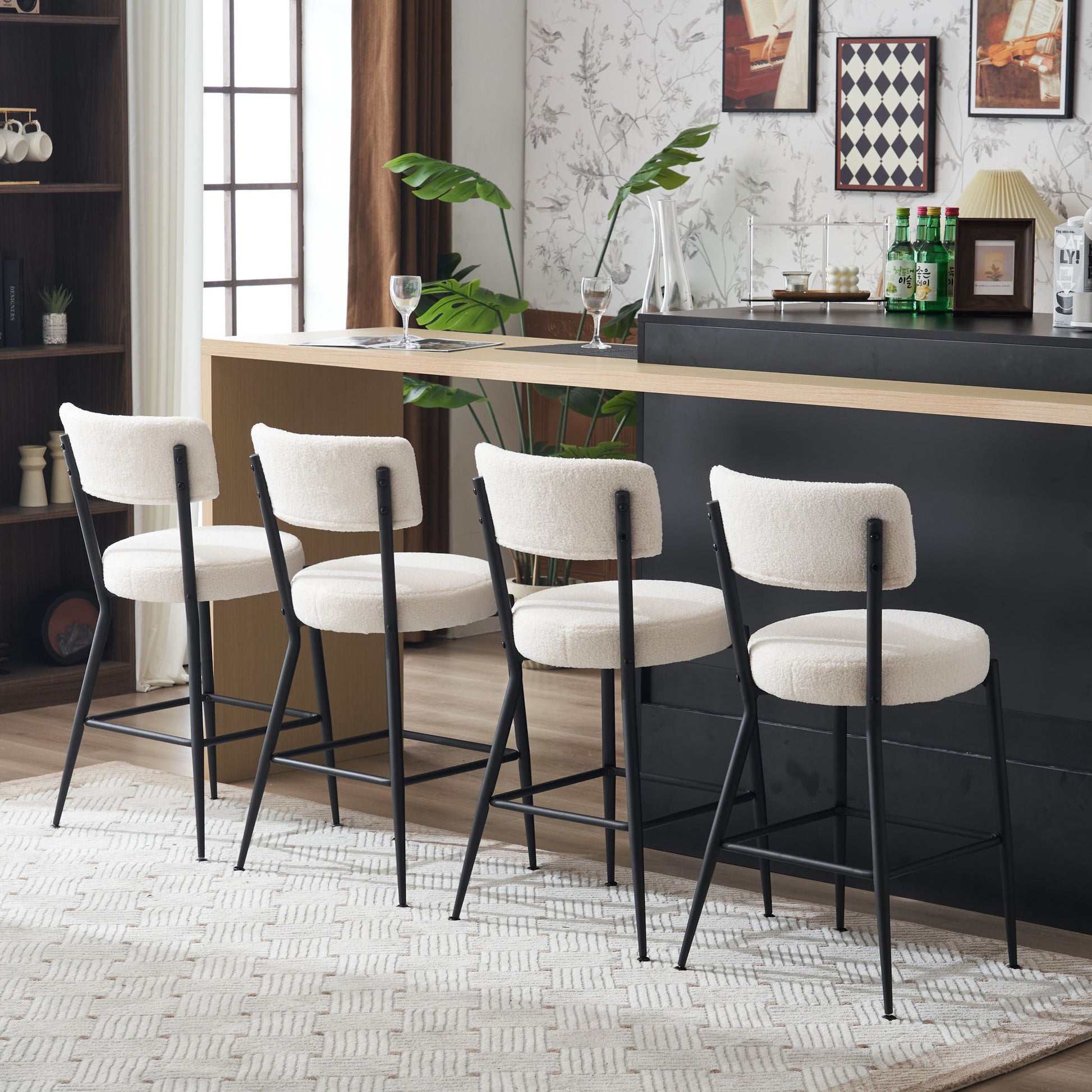 Set Of 2 Modern Teddy Fabric Upholstered Bar Stools Metal Base High Stool Suitable For Kitchen, Dining And Living Room Beige Stylish And Comfortable Island Seating Beige Metal
