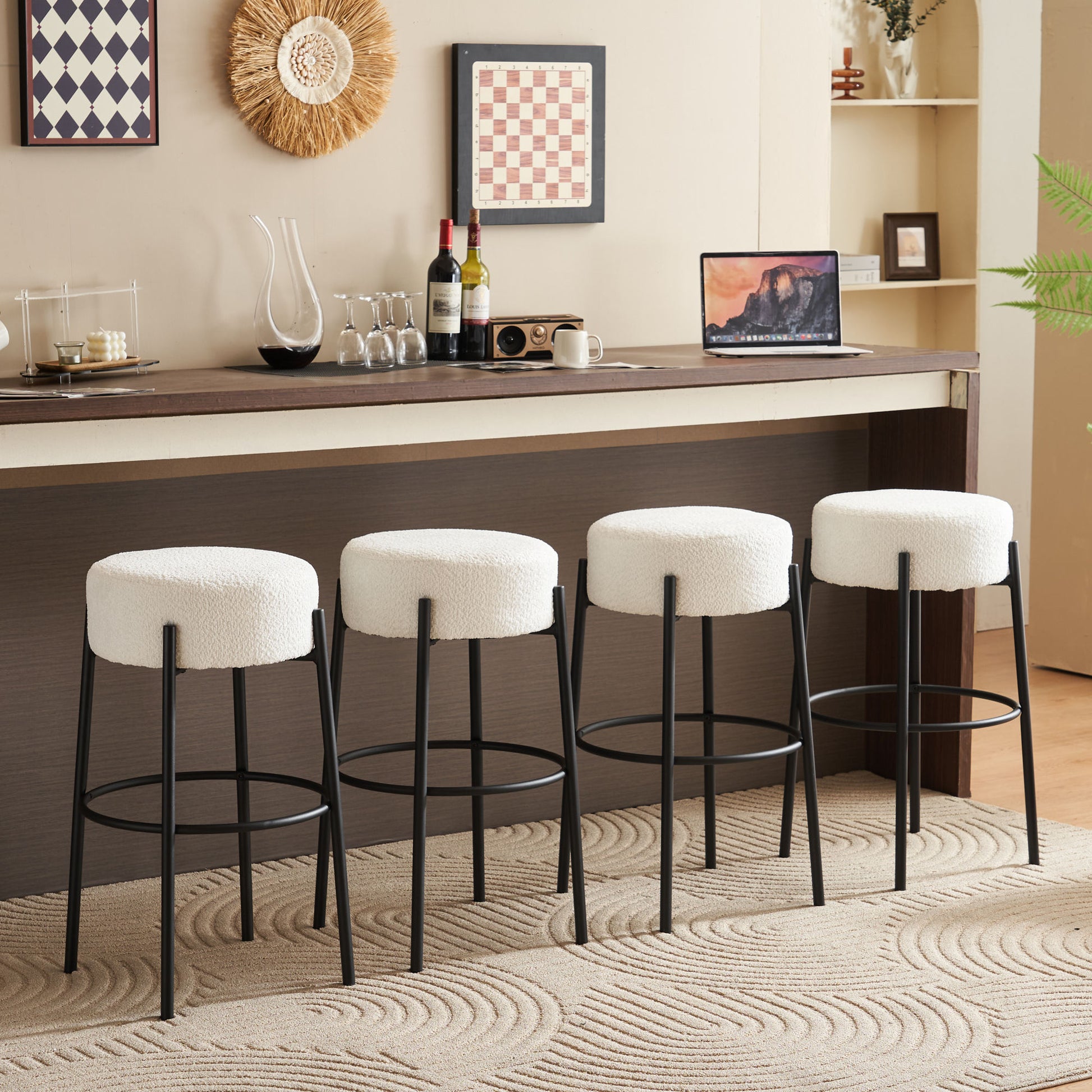 30" Tall, Round High Bar Stools, Set Of 2 Contemporary Upholstered Dining Stools For Kitchens, Coffee Shops And Bar Stores Includes Sturdy Hardware Support Legs Beige Foam