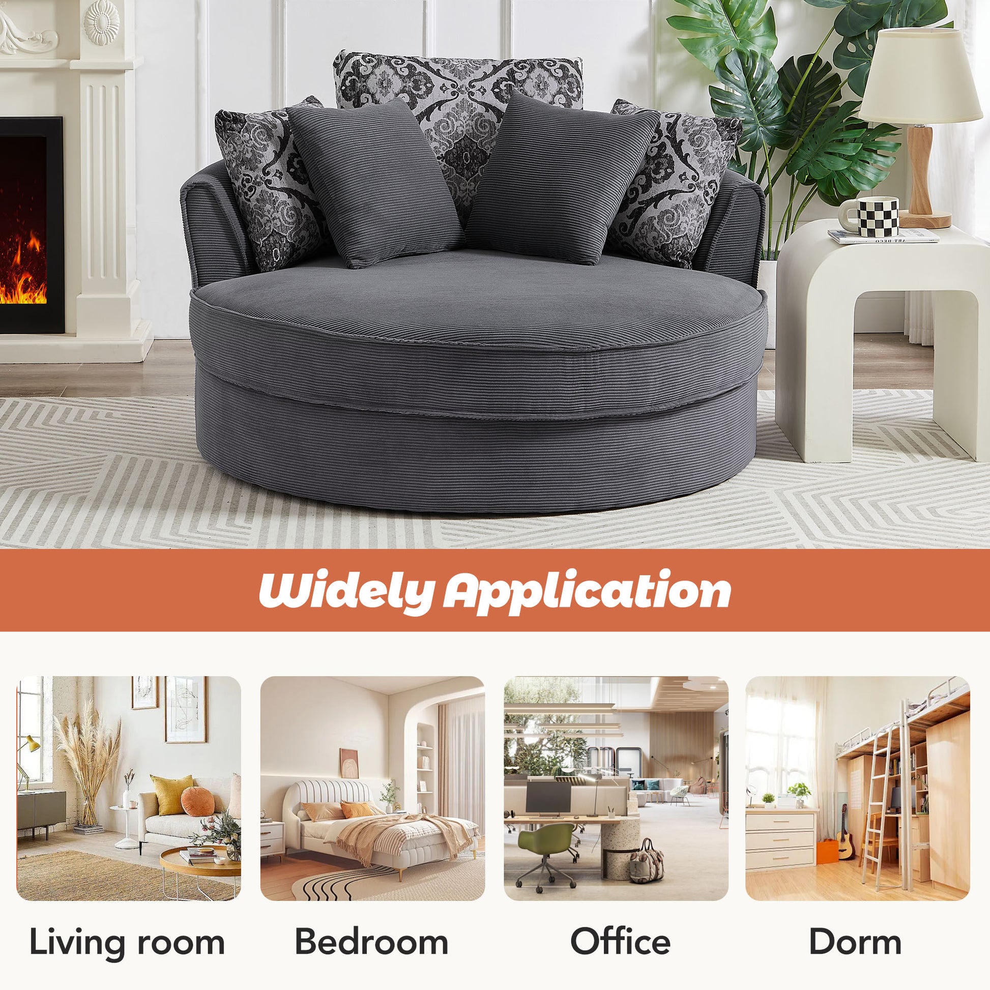 Swivel Accent Barrel Chair With 5 Movable Pillow 360 Degree Swivel Round Sofa Chair For Living Room,Bedroom, Hotel, Grey Grey Foam Corduroy