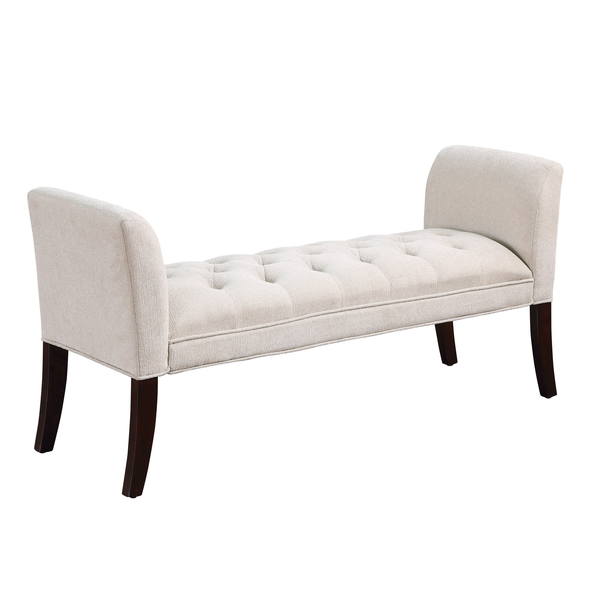 Bed End Bench, Button Tufted Design, Bedroom Entrance Bench With Armrest And Solid Wood Legs, Suitable For Bedroom, Beige Beige Wood Espresso Bedroom Modern Rubberwood Foam Linen Rubber Wood
