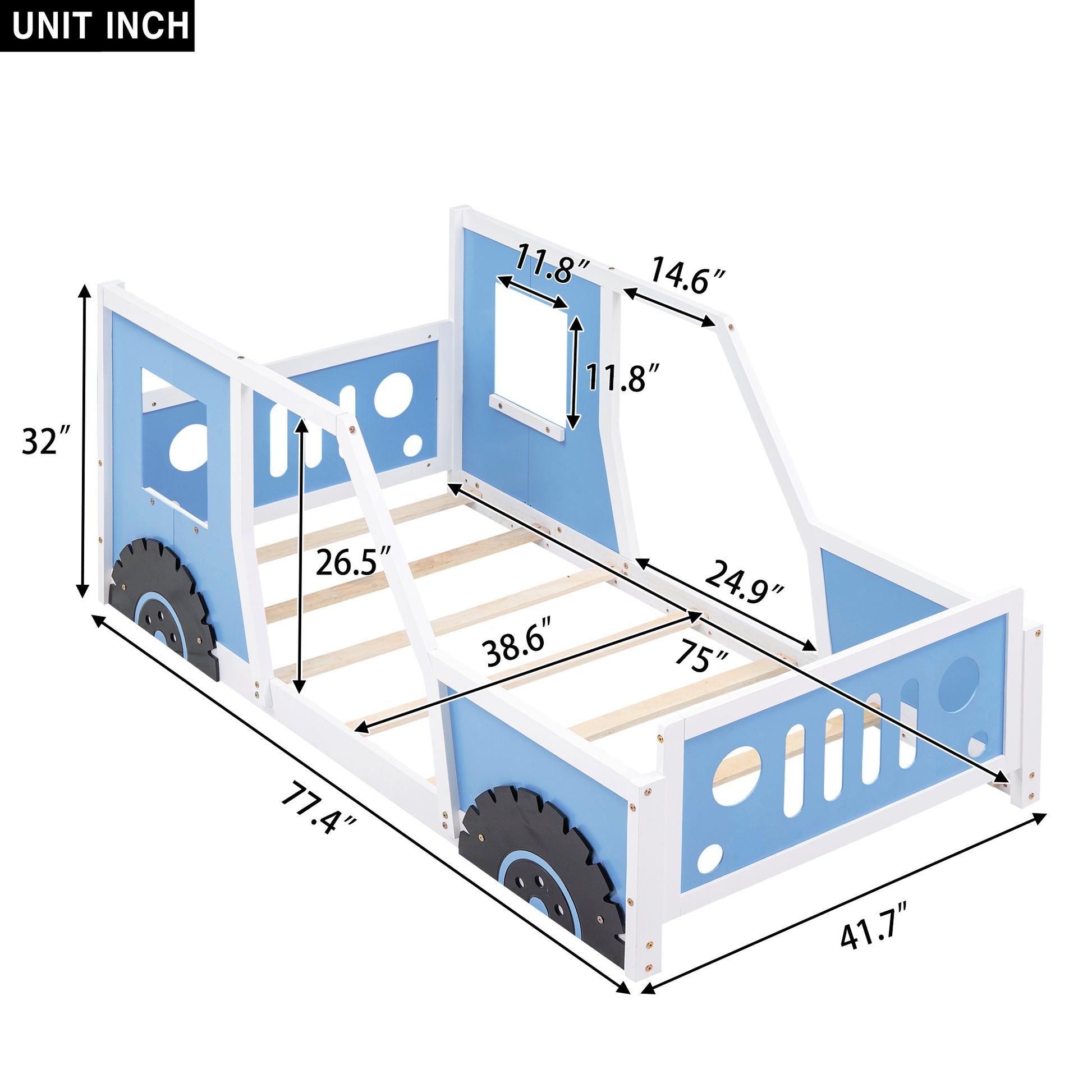 Twin Size Classic Car Shaped Platform Bed With Wheels,Blue Box Spring Not Required Twin Blue Wood Bedroom Bed Frame Pine