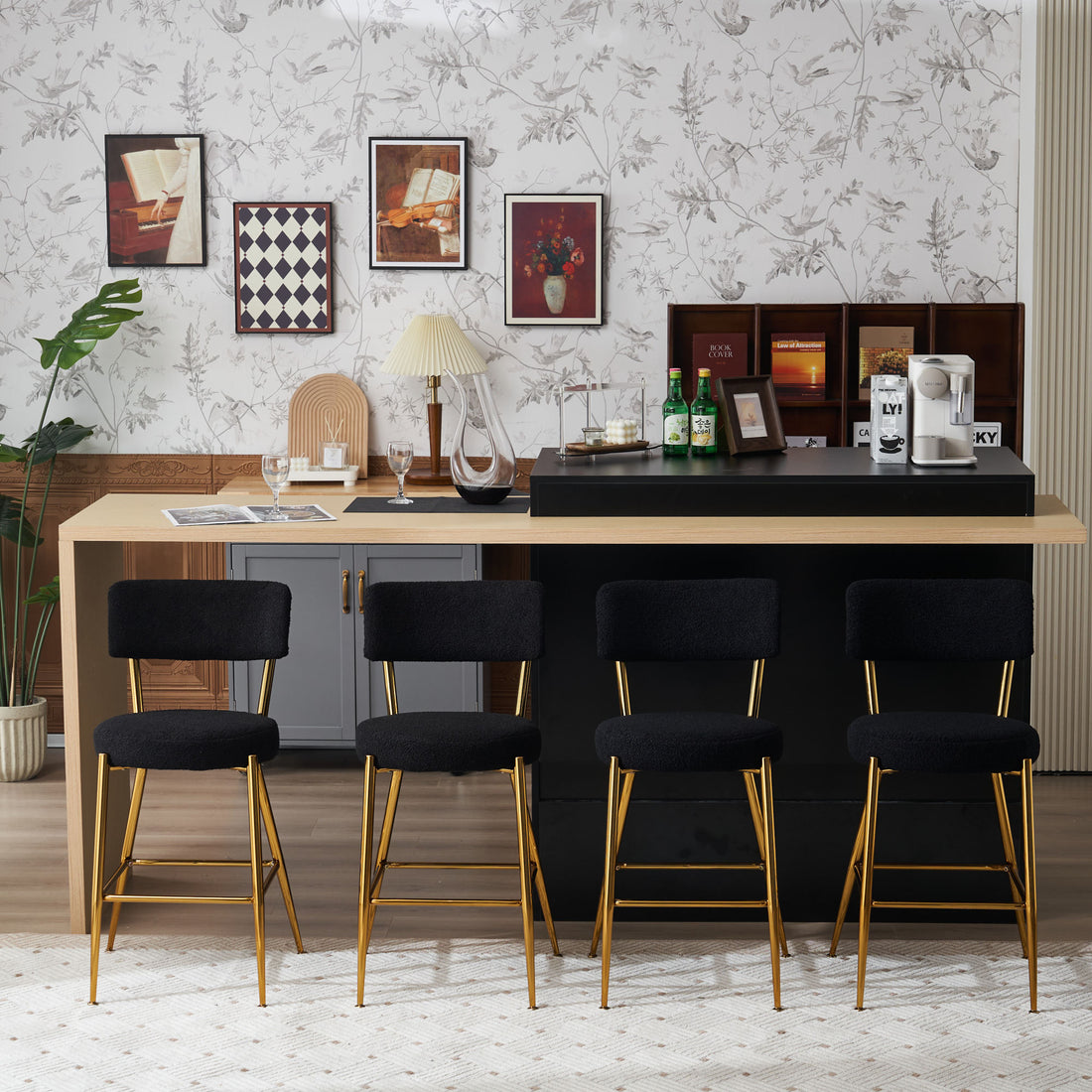 Set Of 4 Modern Teddy Fabric Upholstered Bar Stools Metal Base High Stool Suitable For Kitchen, Dining And Living Room Black Stylish And Comfortable Island Seating Black Metal