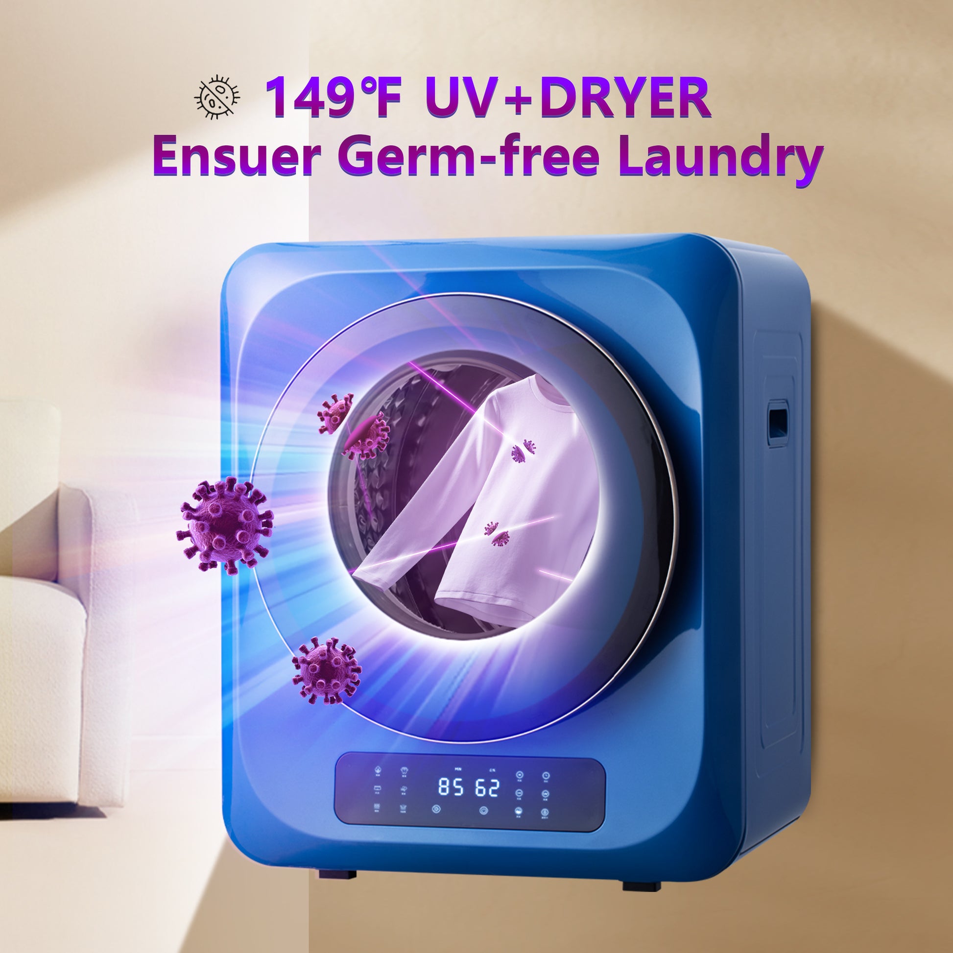 6.6Lbs Portable Mini Cloth Dryer Machine Fcc Certificate Ptc Heating Tumble Dryer Electric Control Panel,Blue Body With Black Door,120V 850W,For Home Apartment Dorms,Uv Sterilizaiton,Digital Dispaly Blue Abs Steel Q235