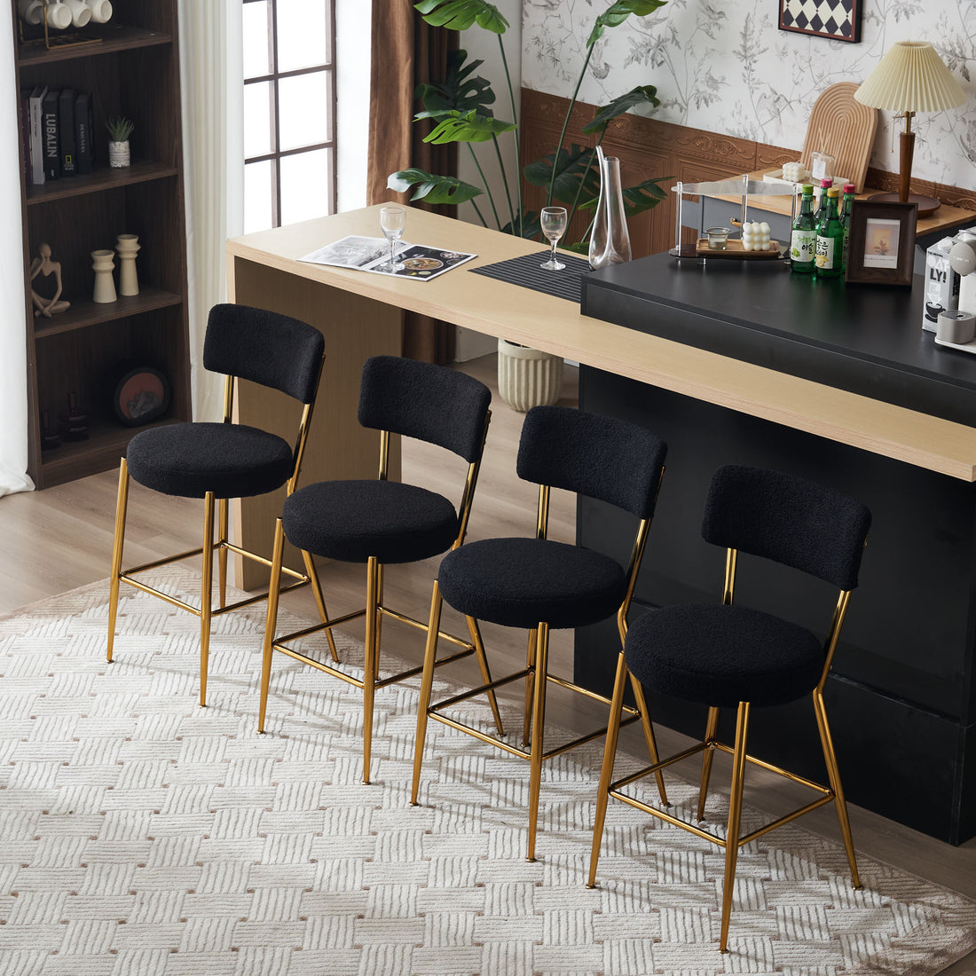 Set Of 4 Modern Teddy Fabric Upholstered Bar Stools Metal Base High Stool Suitable For Kitchen, Dining And Living Room Black Stylish And Comfortable Island Seating Black Metal