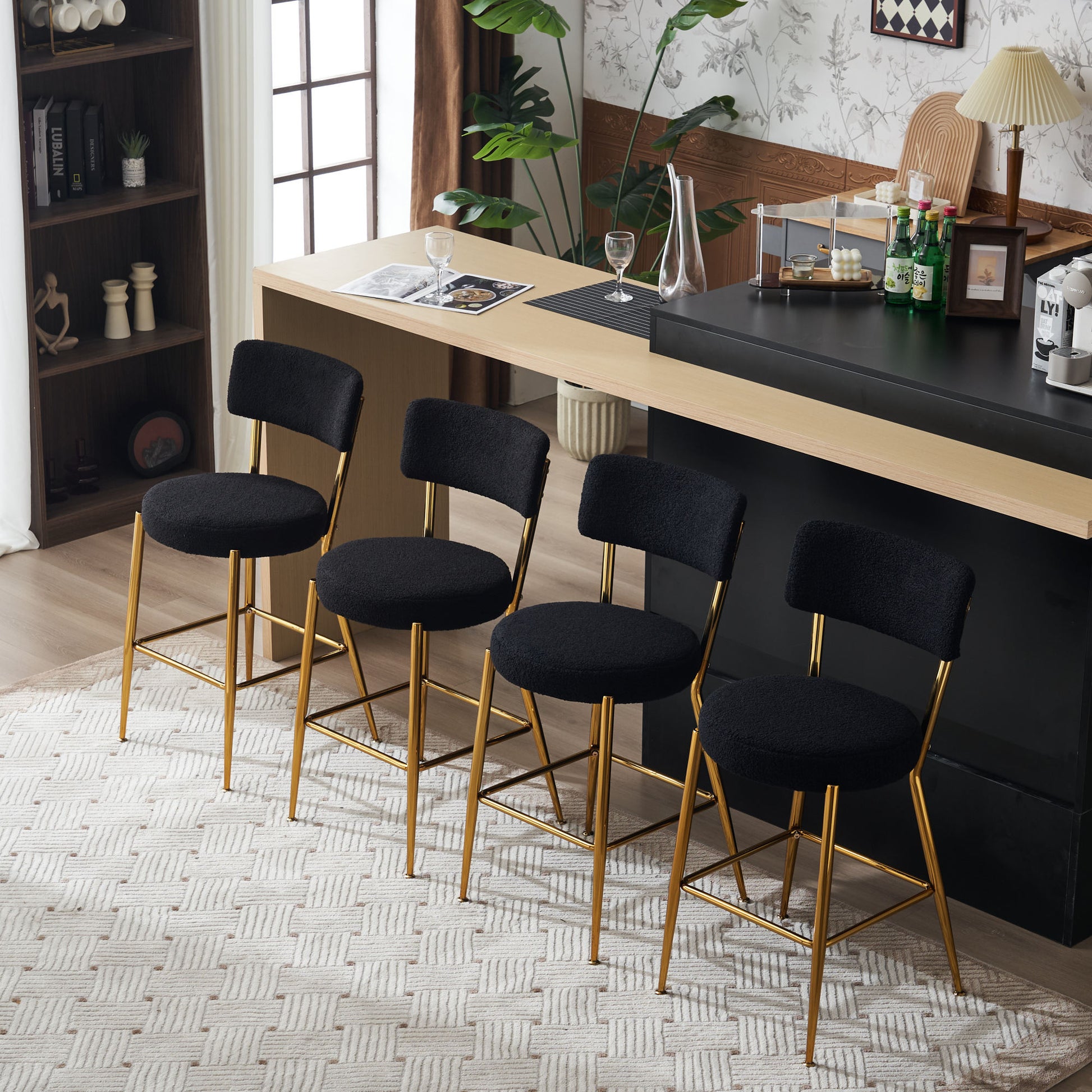 Set Of 4 Modern Teddy Fabric Upholstered Bar Stools Metal Base High Stool Suitable For Kitchen, Dining And Living Room Black Stylish And Comfortable Island Seating Black Metal