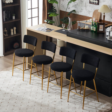 Set Of 4 Modern Teddy Fabric Upholstered Bar Stools Metal Base High Stool Suitable For Kitchen, Dining And Living Room Black Stylish And Comfortable Island Seating Black Metal
