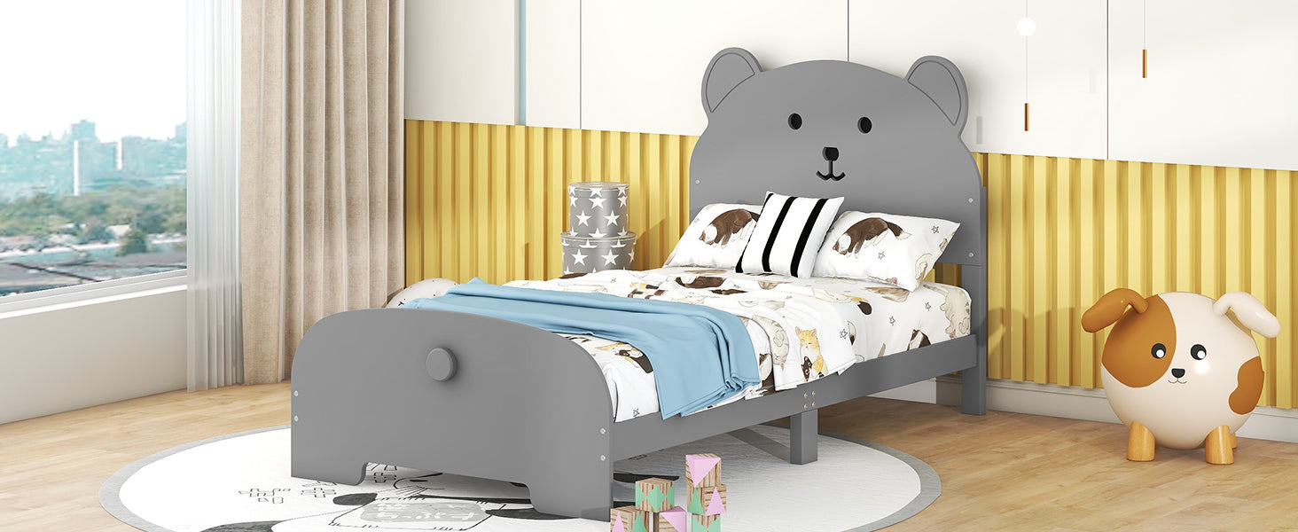 Twin Size Wood Platform Bed With Bear Shaped Headboard And Footboard,Gray Gray Wood