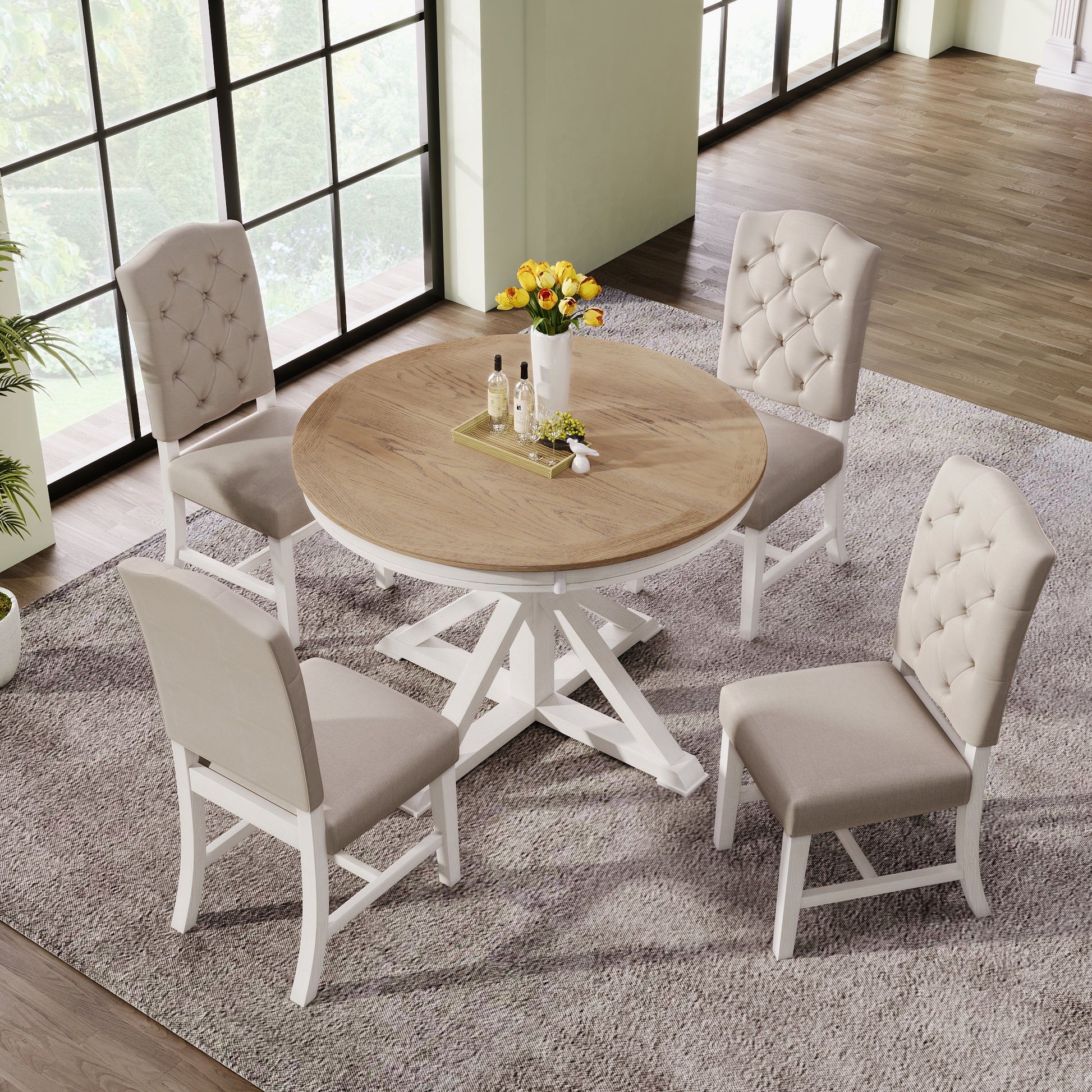 Functional Furniture Retro Style Dining Table Set With Extendable Table And 4 Upholstered Chairs For Dining Room And Living Room Oak Natural Wood Off White Oak Natural Wood Off White Solid Wood