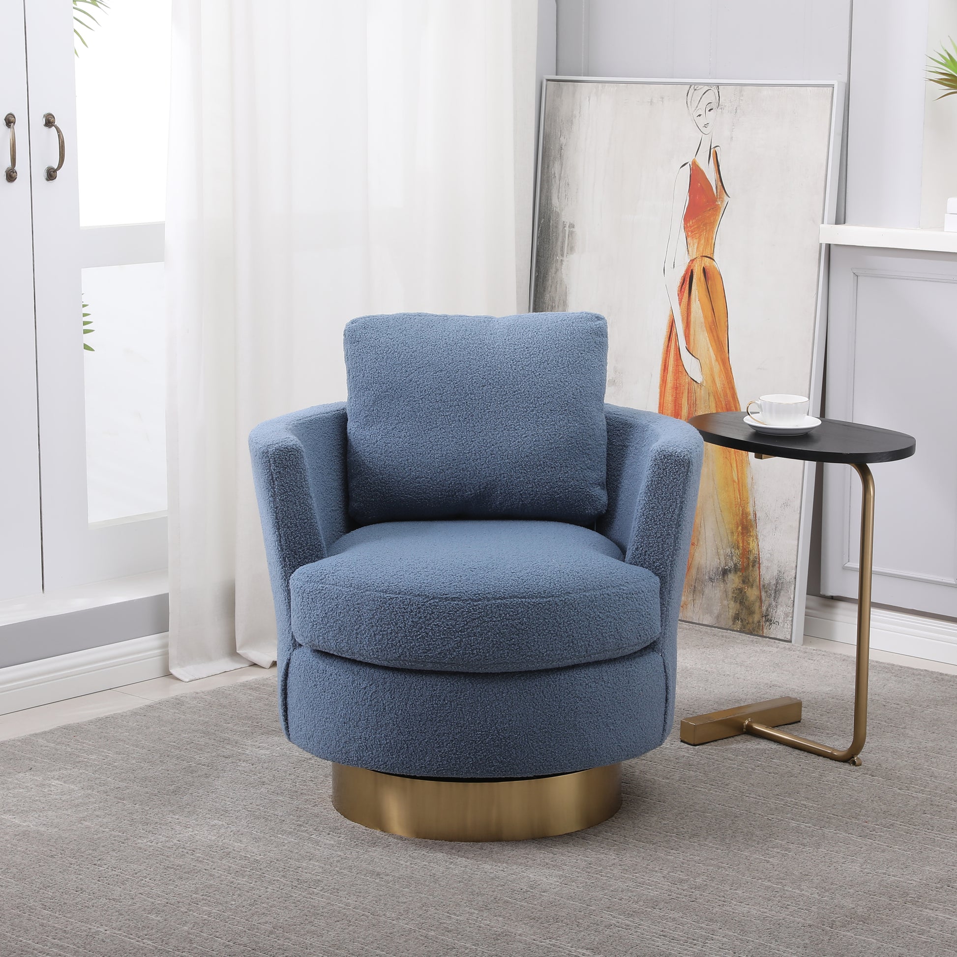 Teddy Swivel Barrel Chair, Swivel Accent Chairs Armchair For Living Room, Reading Chairs For Bedroom Comfy, Round Barrel Chairs With Gold Stainless Steel Base Blue Blue Primary Living Space American Design Foam Faux Fur