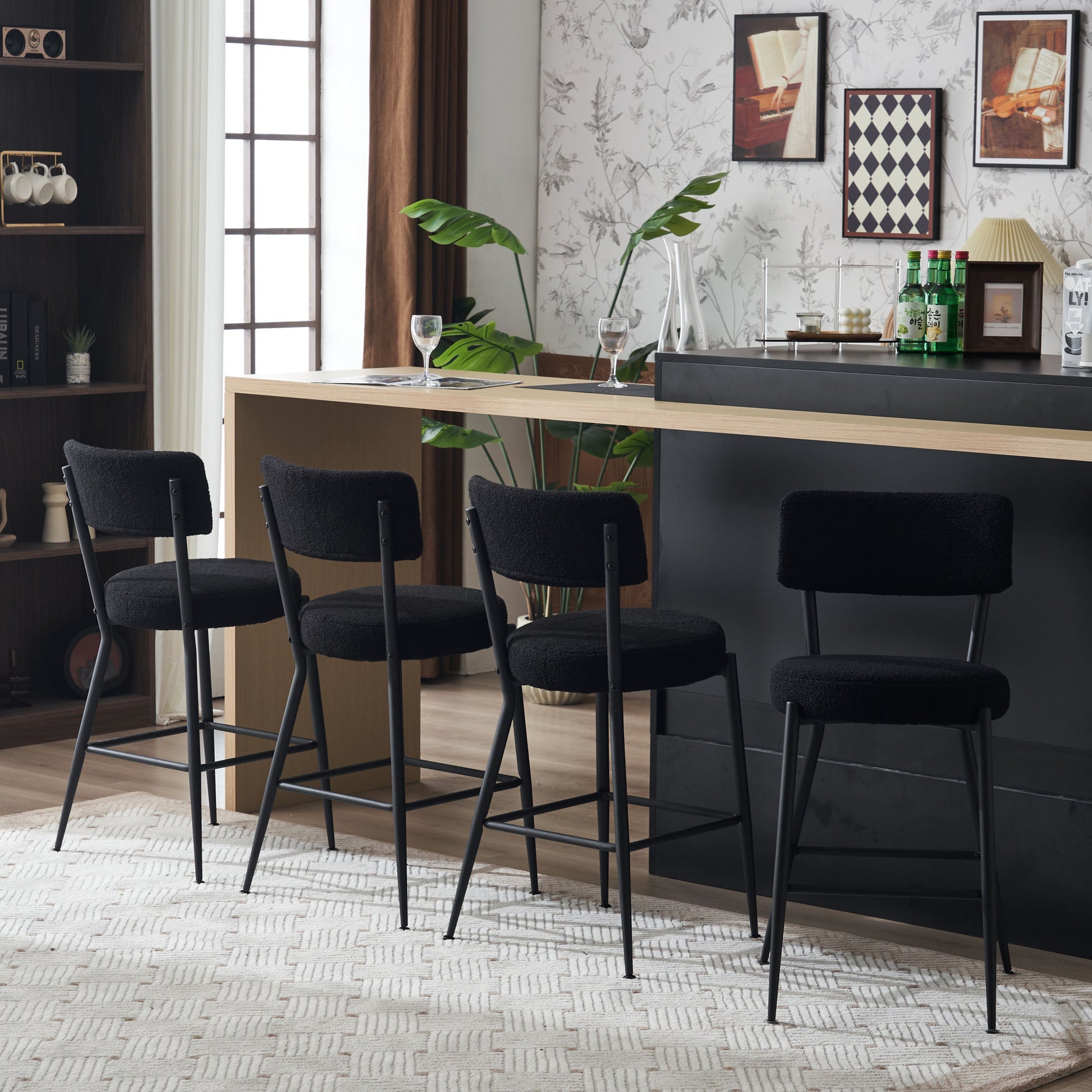 Set Of 2 Modern Teddy Fabric Upholstered Bar Stools Metal Base High Stool Suitable For Kitchen, Dining And Living Room Black Stylish And Comfortable Island Seating Black Metal