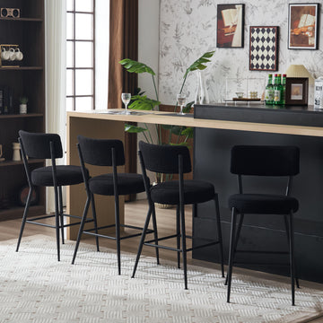 Set Of 2 Modern Teddy Fabric Upholstered Bar Stools Metal Base High Stool Suitable For Kitchen, Dining And Living Room Black Stylish And Comfortable Island Seating Black Metal