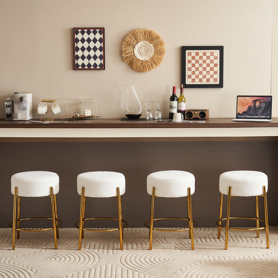 24" Tall, Round Bar Stools, Set Of 2 Contemporary Upholstered Dining Stools For Kitchens, Coffee Shops And Bar Stores Includes Sturdy Hardware Support Legs Beige Foam