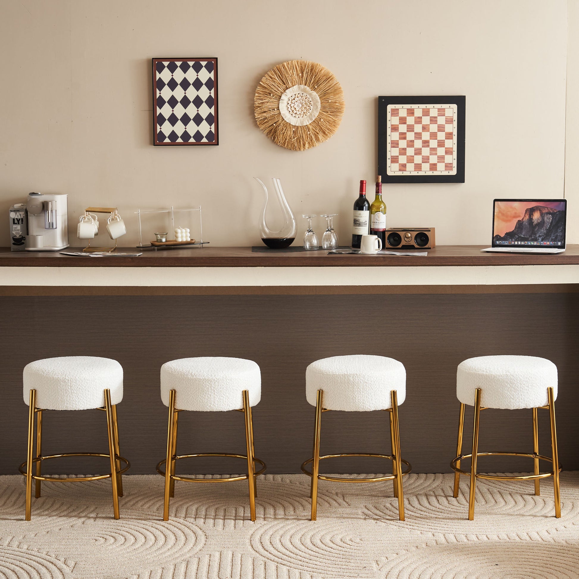 24" Tall, Round Bar Stools, Set Of 2 Contemporary Upholstered Dining Stools For Kitchens, Coffee Shops And Bar Stores Includes Sturdy Hardware Support Legs Beige Foam