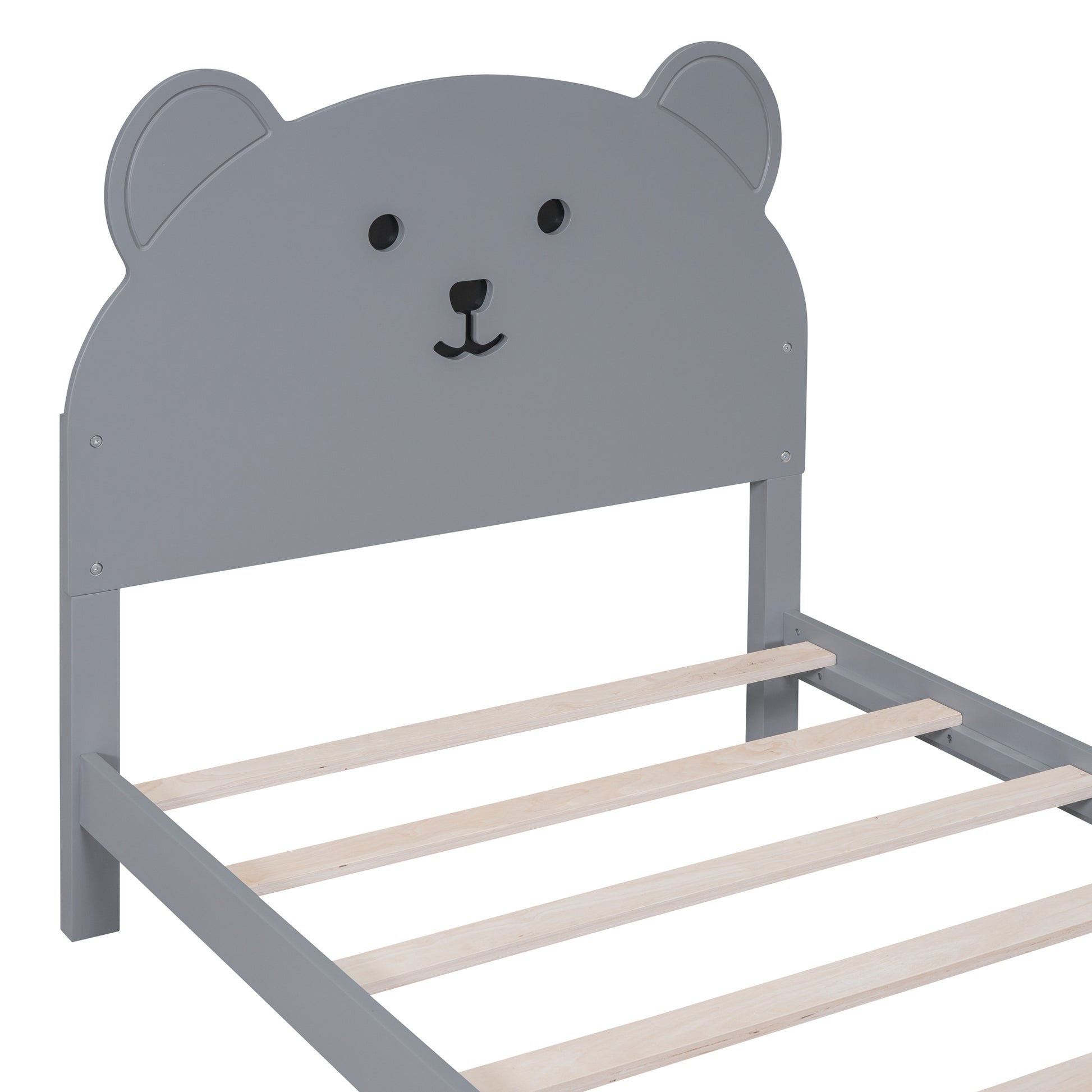 Twin Size Wood Platform Bed With Bear Shaped Headboard And Footboard,Gray Gray Wood