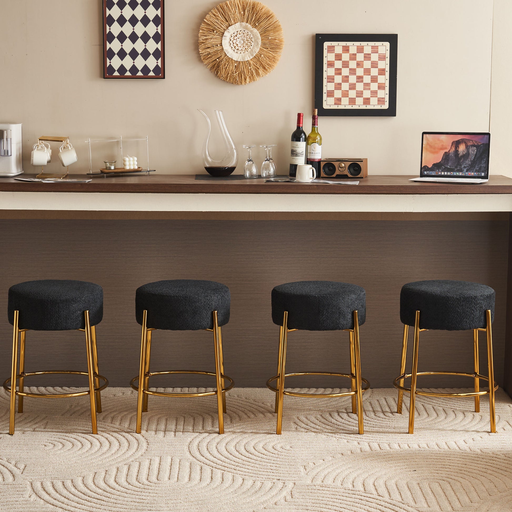 24" Tall, Round Bar Stools, Set Of 2 Contemporary Upholstered Dining Stools For Kitchens, Coffee Shops And Bar Stores Includes Sturdy Hardware Support Legs Black Foam