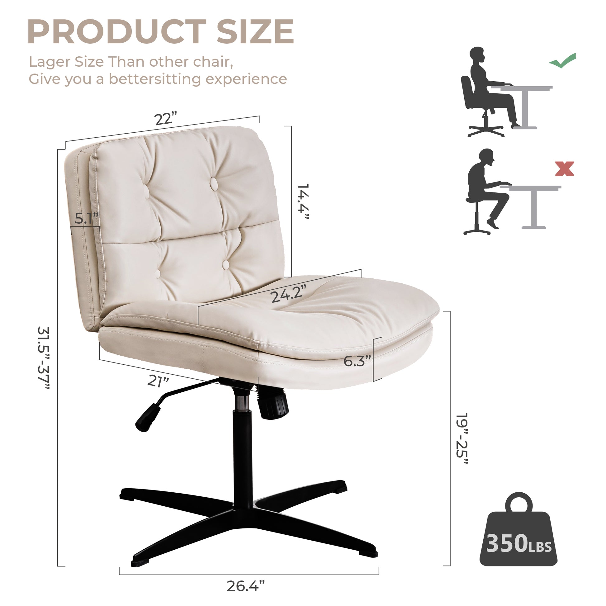 Large Size Armless Home Office Desk Chair Vanity Chair No Wheels Wood Beige Primary Living Space Foam American Design,Casual,Contemporary,Minimalist,Modern Handle Office Chairs Solid Back Foam Adjustable Height Leather
