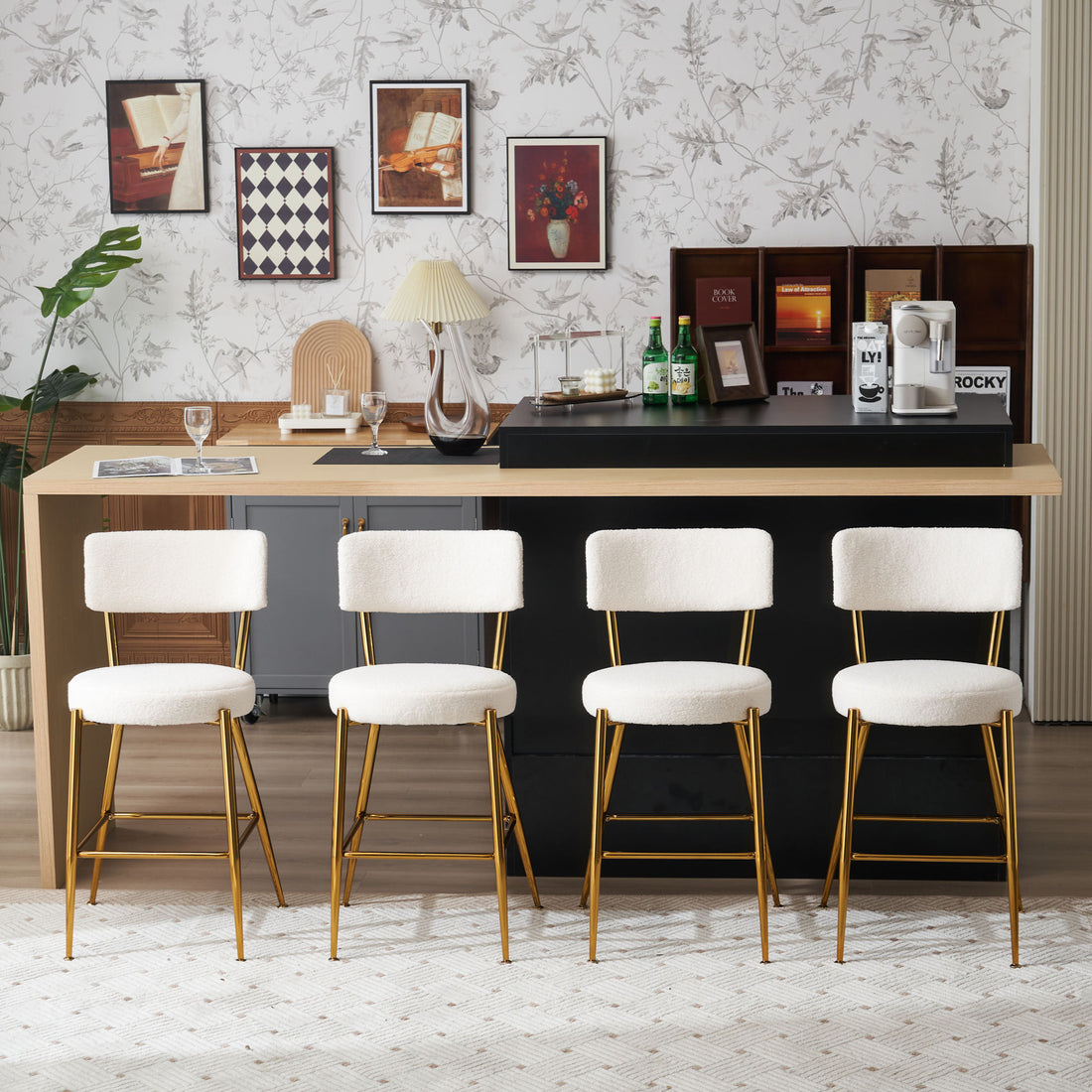 Set Of 4 Modern Teddy Fabric Upholstered Bar Stools Metal Base High Stool Suitable For Kitchen, Dining And Living Room Beige Stylish And Comfortable Island Seating Beige Metal