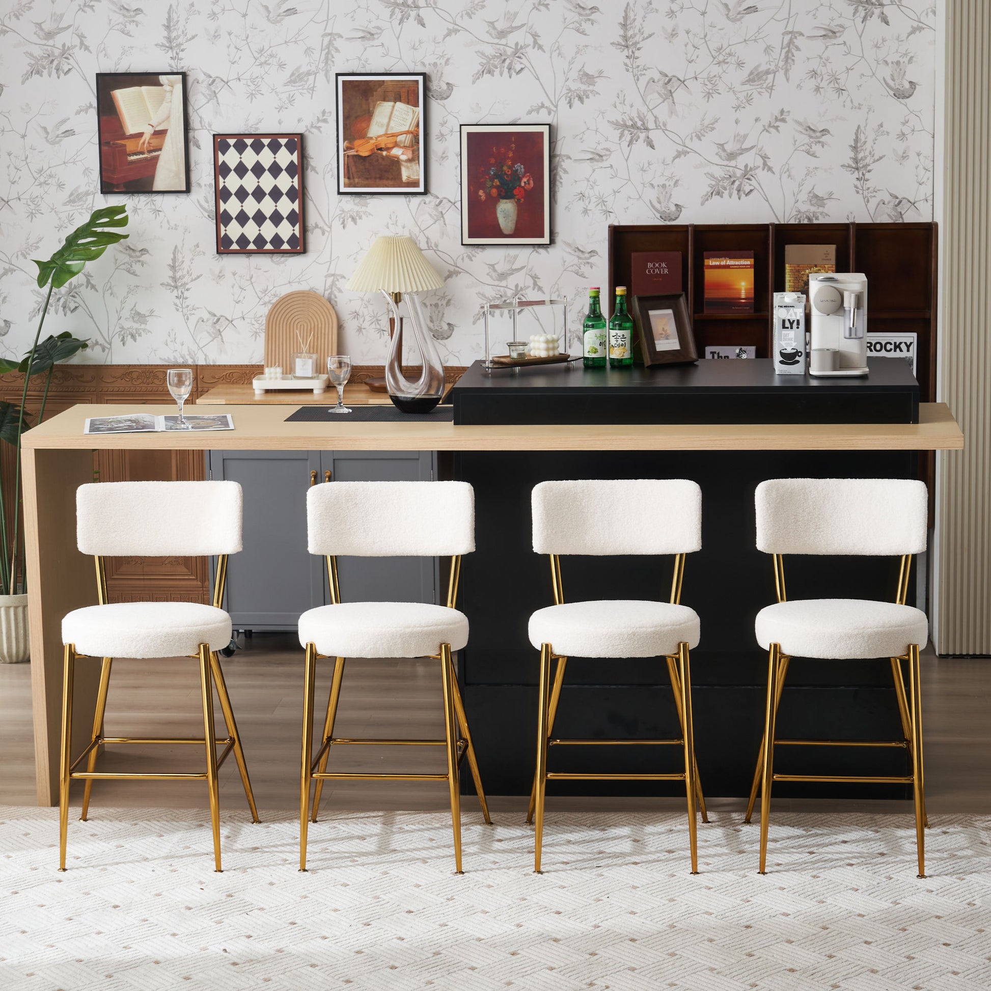 Set Of 4 Modern Teddy Fabric Upholstered Bar Stools Metal Base High Stool Suitable For Kitchen, Dining And Living Room Beige Stylish And Comfortable Island Seating Beige Metal