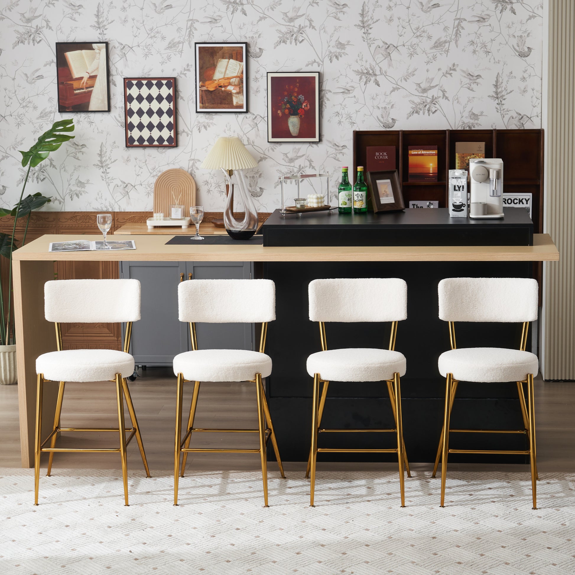 Set Of 2 Modern Teddy Fabric Upholstered Bar Stools Metal Base High Stool Suitable For Kitchen, Dining And Living Room Beige Stylish And Comfortable Island Seating Beige Metal