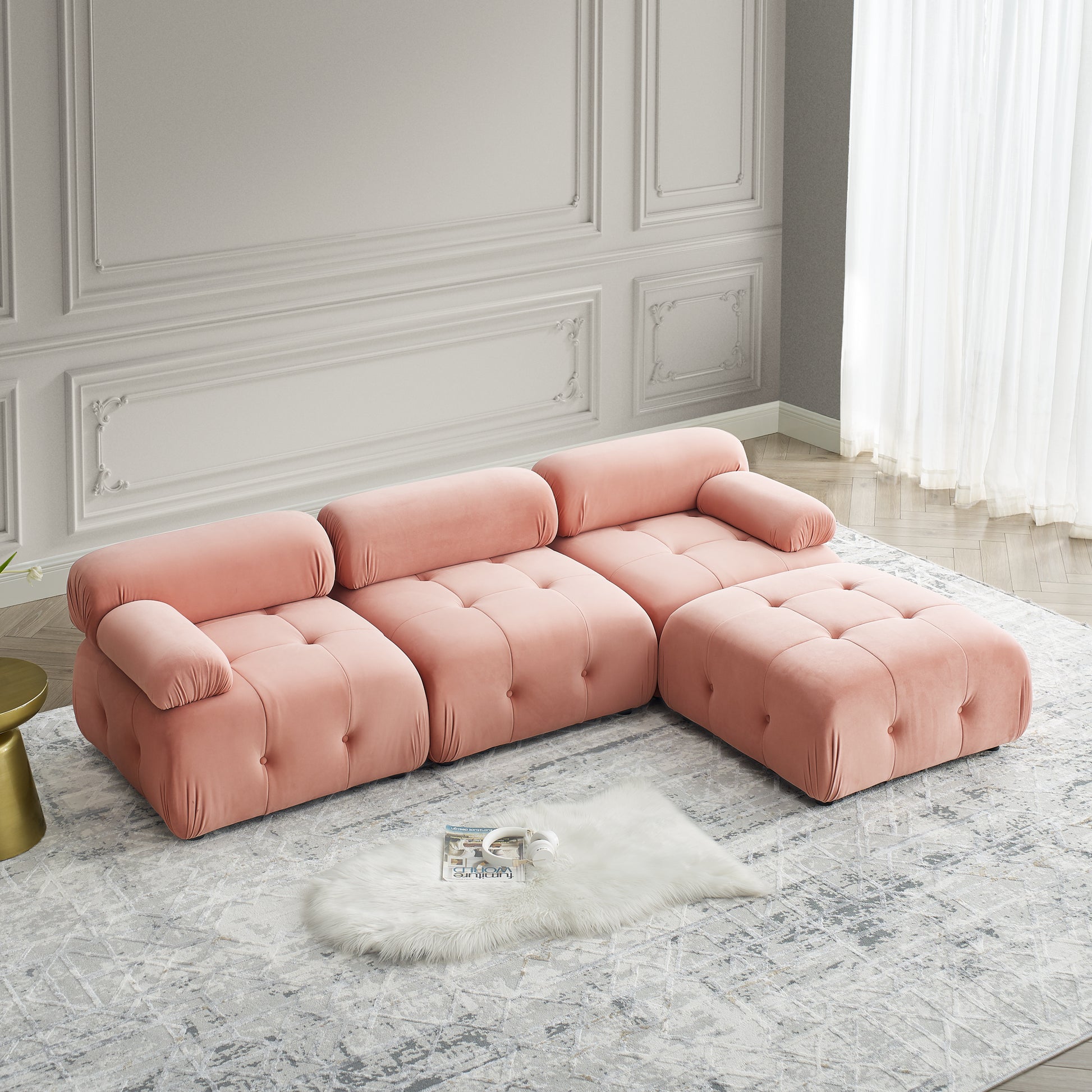 Modular Sectional Sofa, Button Tufted Designed And Diy Combination,L Shaped Couch With Reversible Ottoman, Pink Velvet Pink Velvet Wood Soft Tight Back Eucalyptus Pillow Top Arms Foam Spring