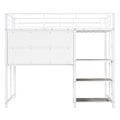 Twin Size Loft Bed With Desk And Whiteboard, Metal Loft Bed With 3 Shelves And Ladder, White White Steel