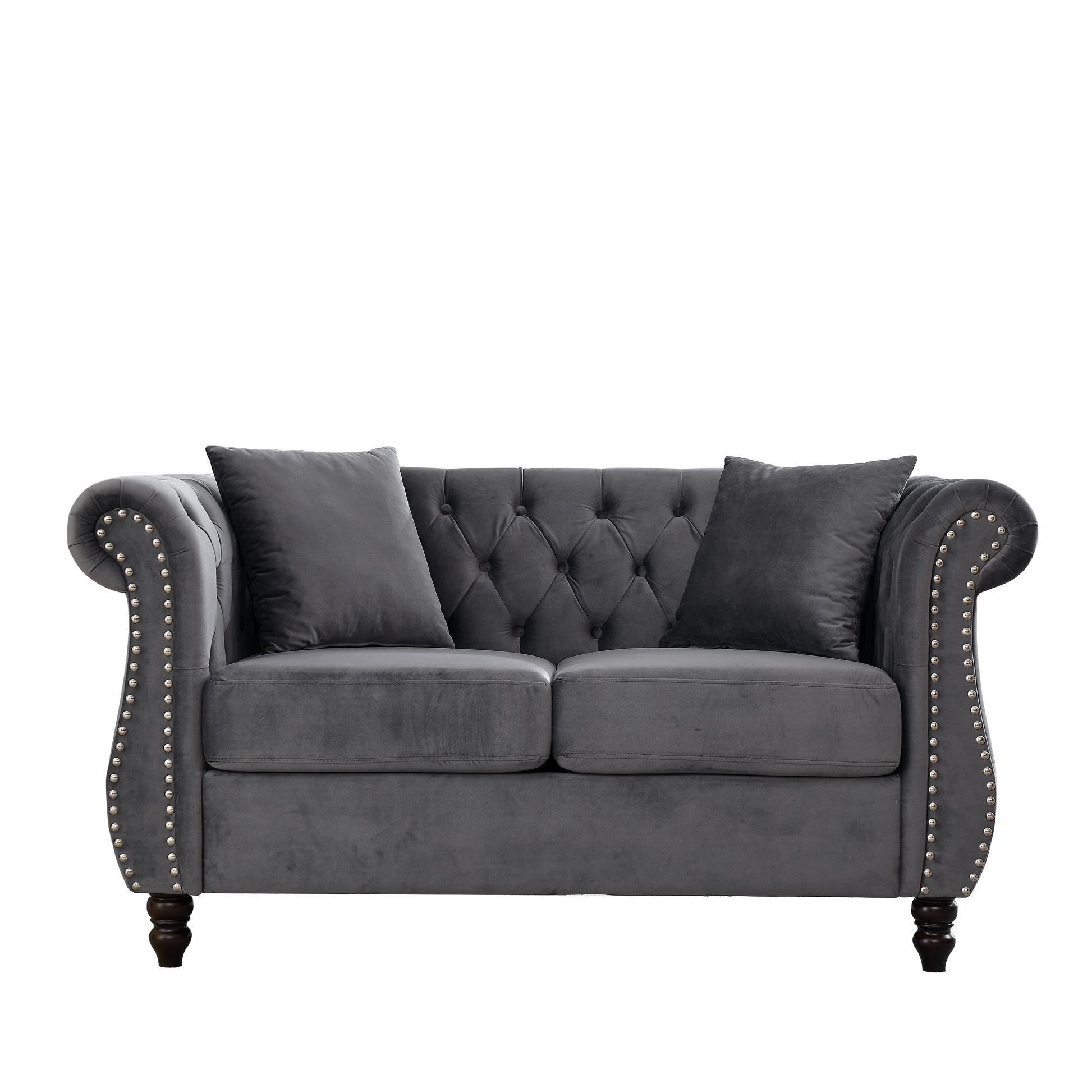 58.8" Chesterfield Sofa Grey Velvet For Living Room, 2 Seater Sofa Tufted Couch With Rolled Arms And For Living Room, Bedroom, Office, Apartment, Two Pillowsw834S00069 Grey Foam Velvet