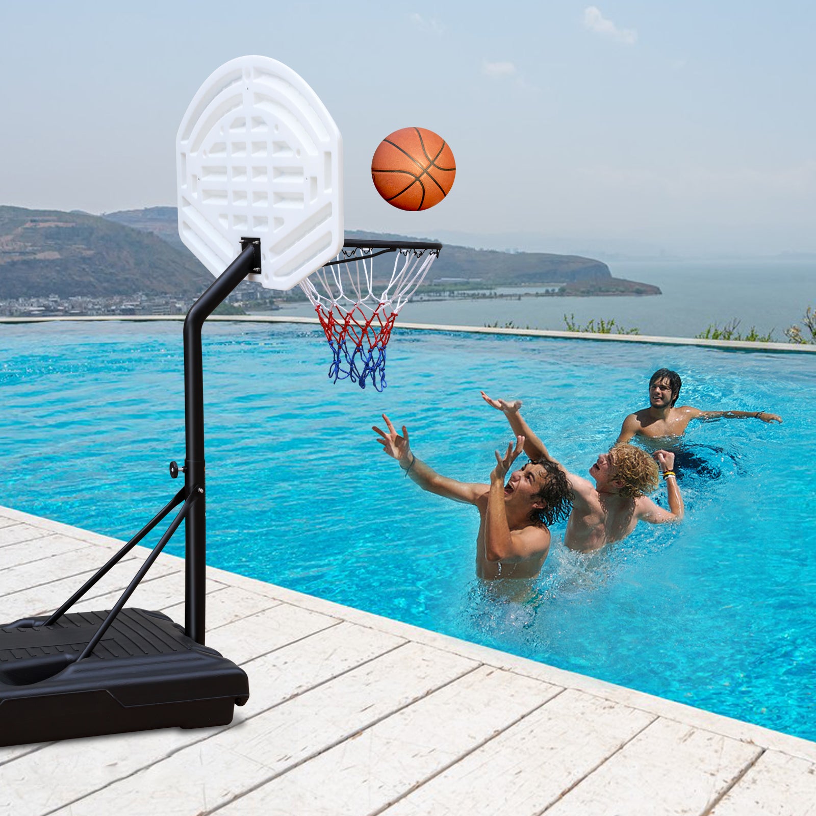 Portable Poolside Basketball Hoop System Basketball Hoop For Pool Height Adjustable 3.1Ft 4.7Ft With 36" Backboard For Indoor Outdoor Use Balls Sports Black White Adjustable Weight Iron