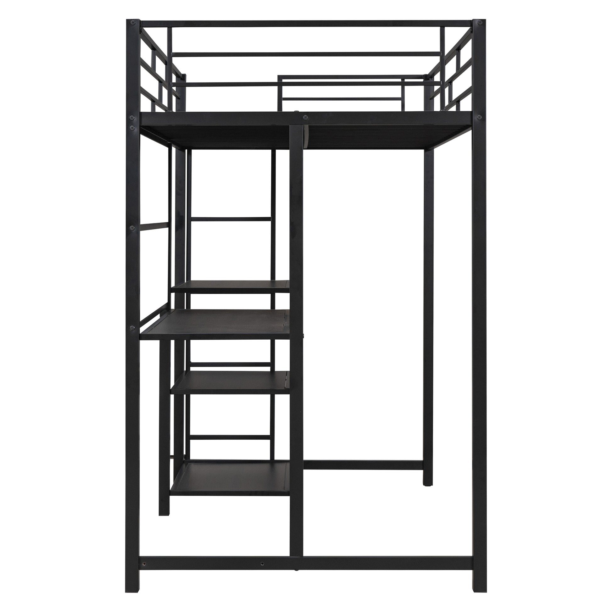 Twin Size Loft Bed With Desk And Whiteboard, Metal Loft Bed With 3 Shelves And Ladder, Black Black Steel