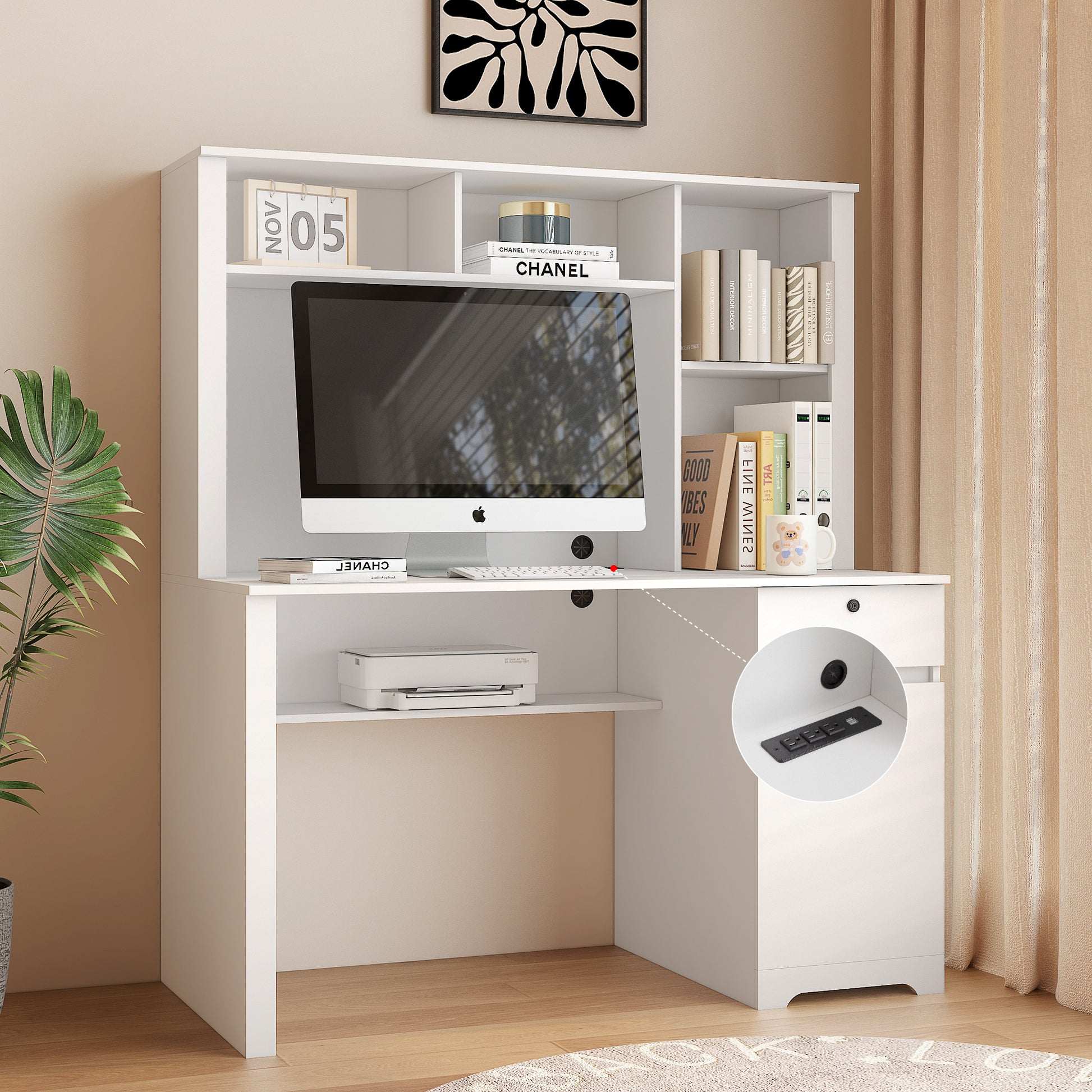 Computer Desk With Hutch & Bookshelf,Wood Executive Desk Teens Student Desk Writing Laptop Home Office Desk With Drawers,3 Ac Outlets And 2 Usb Charging Ports,Study Laptop Table For Home White White Mdf