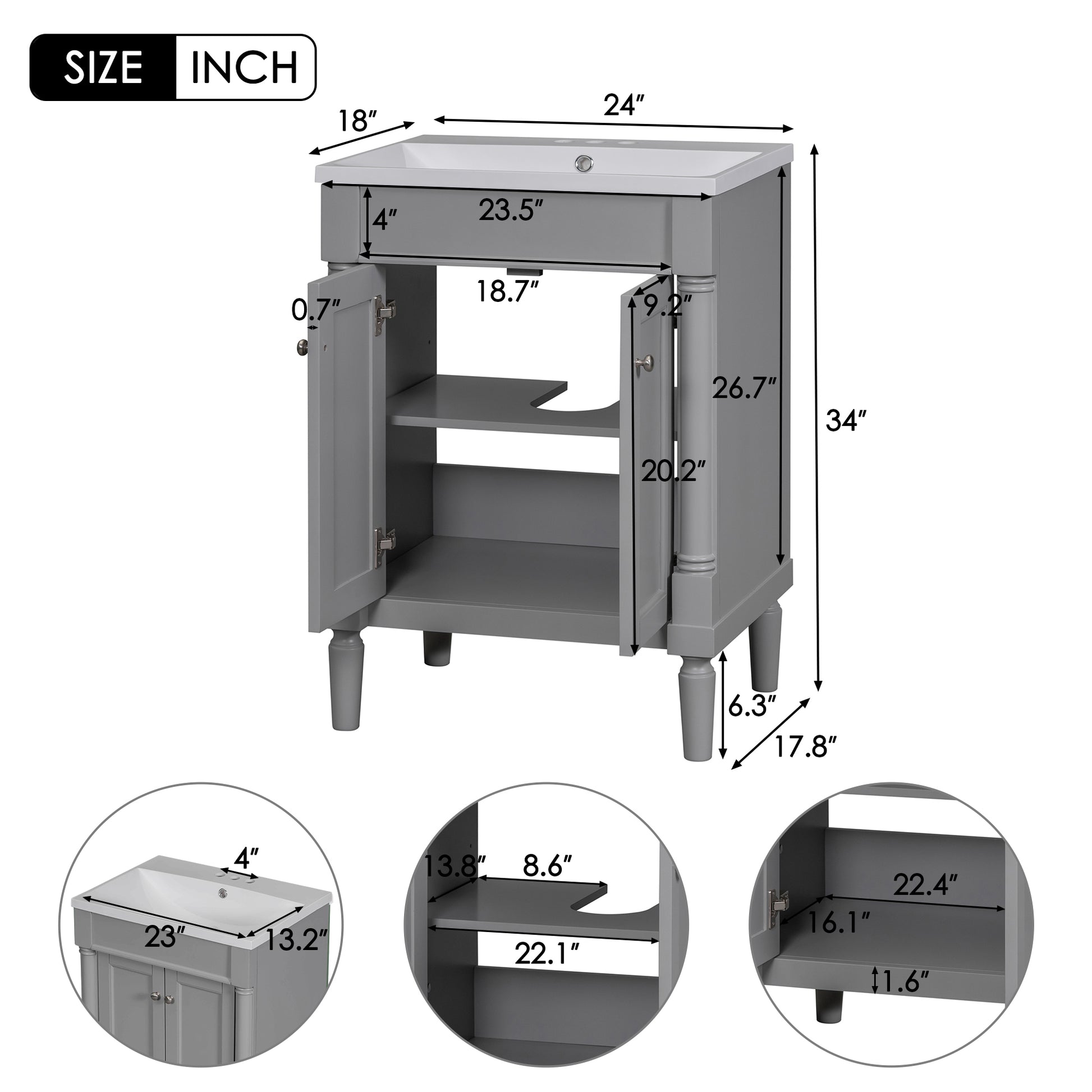 24'' Bathroom Vanity With Top Sink, 2 Tier Modern Bathroom Storage Cabinet, Single Sink Bathroom Vanity, Large Storage Shelves Grey Mdf