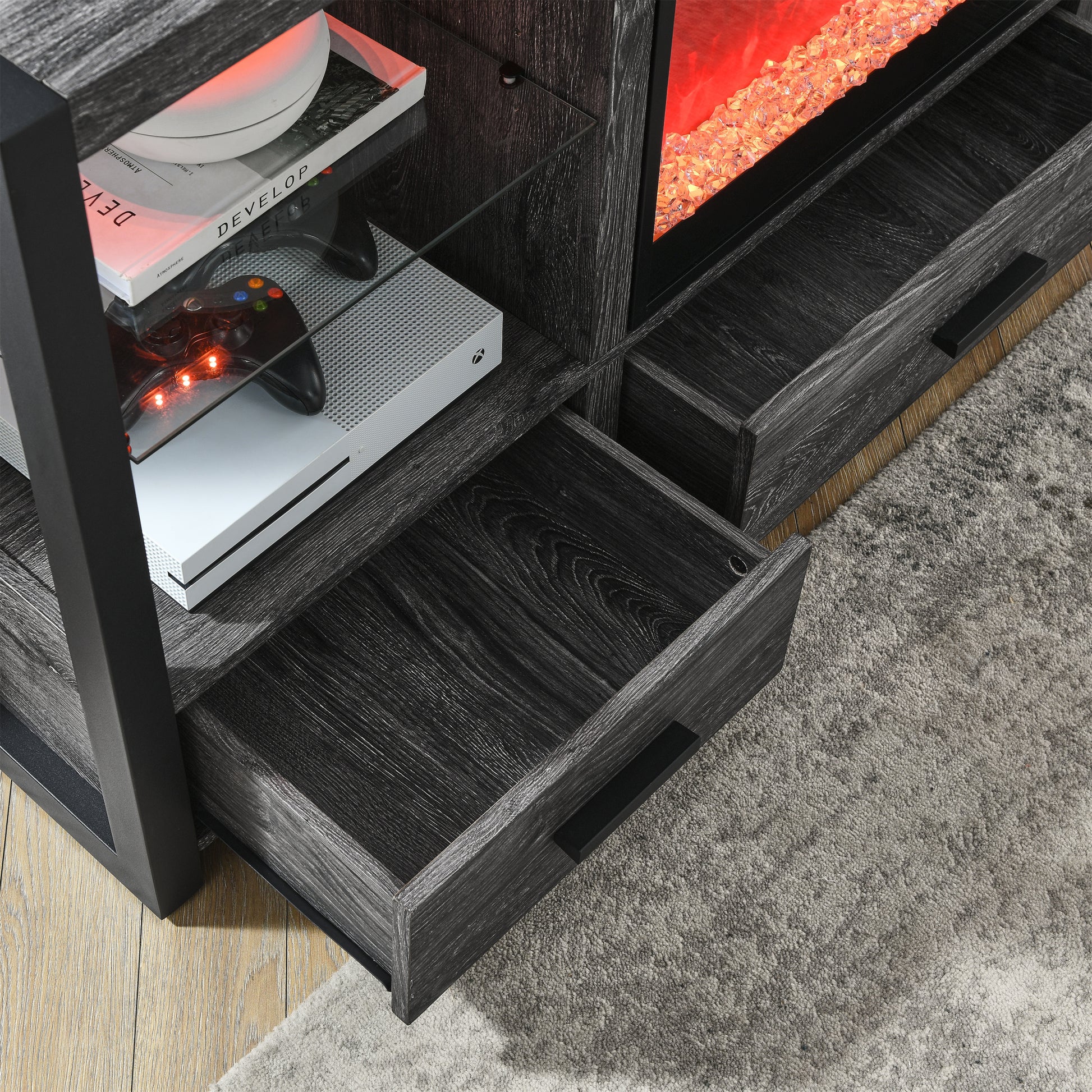 60 Inch Electric Fireplace Media Tv Stand With Sync Colorful Led Lights Dark Rustic Oak Color Powder Coated No Electric Dark Oak Vent Free Primary Living Space Yes Insert Wood Stainless Steel Glass Electric