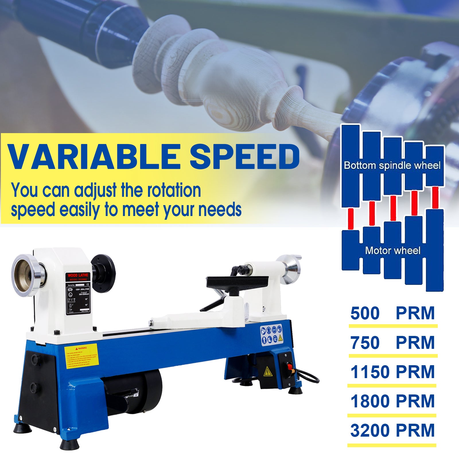 Benchtop Wood Lathe 10" X 18" Wood Lathe Machine 5 Variable Speeds 500 750 1150 1800 3200Rpm Mini Wood Turning Lathe For Woodworking 1 2Hp Multifunctional Power Wood Lathe Gray Steel
