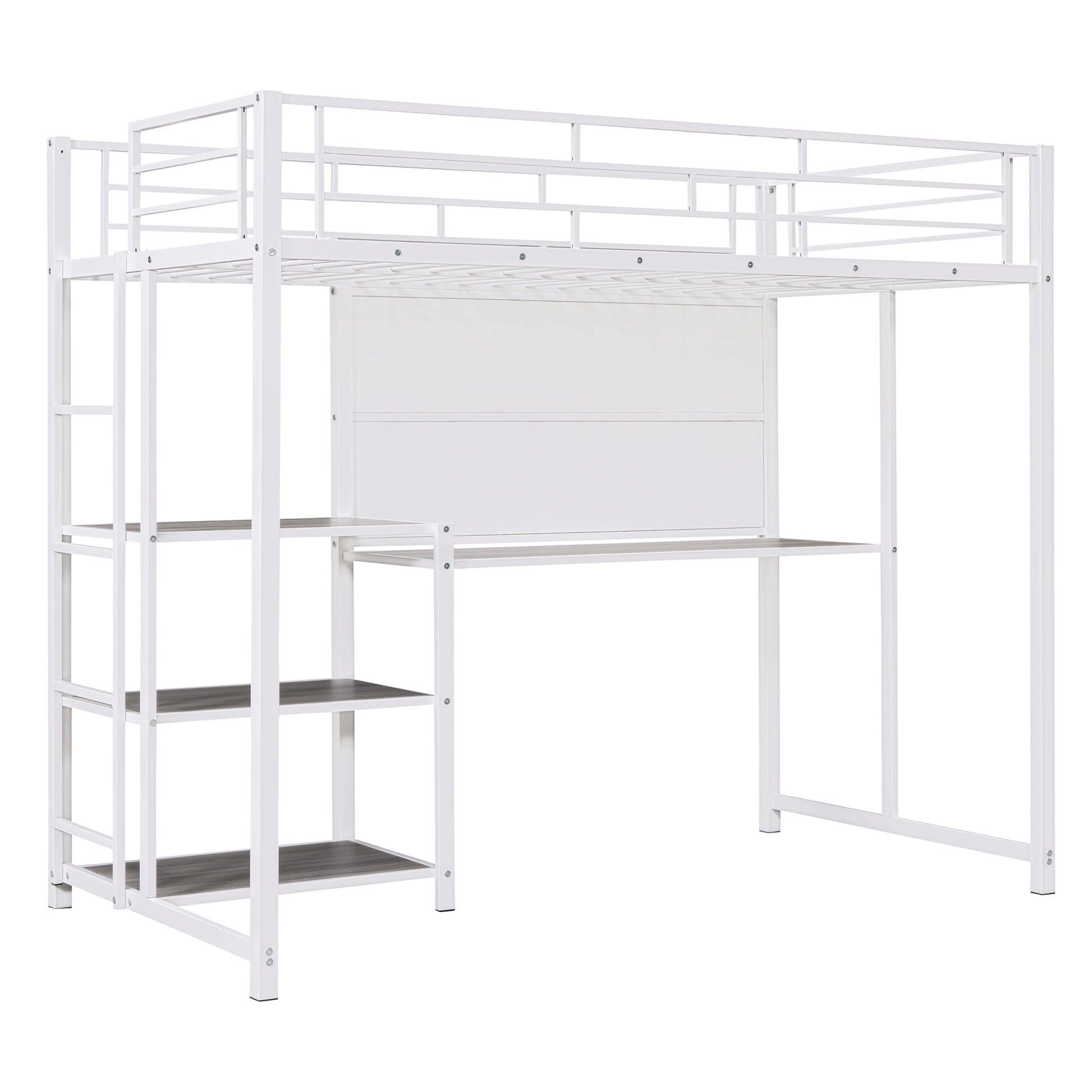 Twin Size Loft Bed With Desk And Whiteboard, Metal Loft Bed With 3 Shelves And Ladder, White White Steel