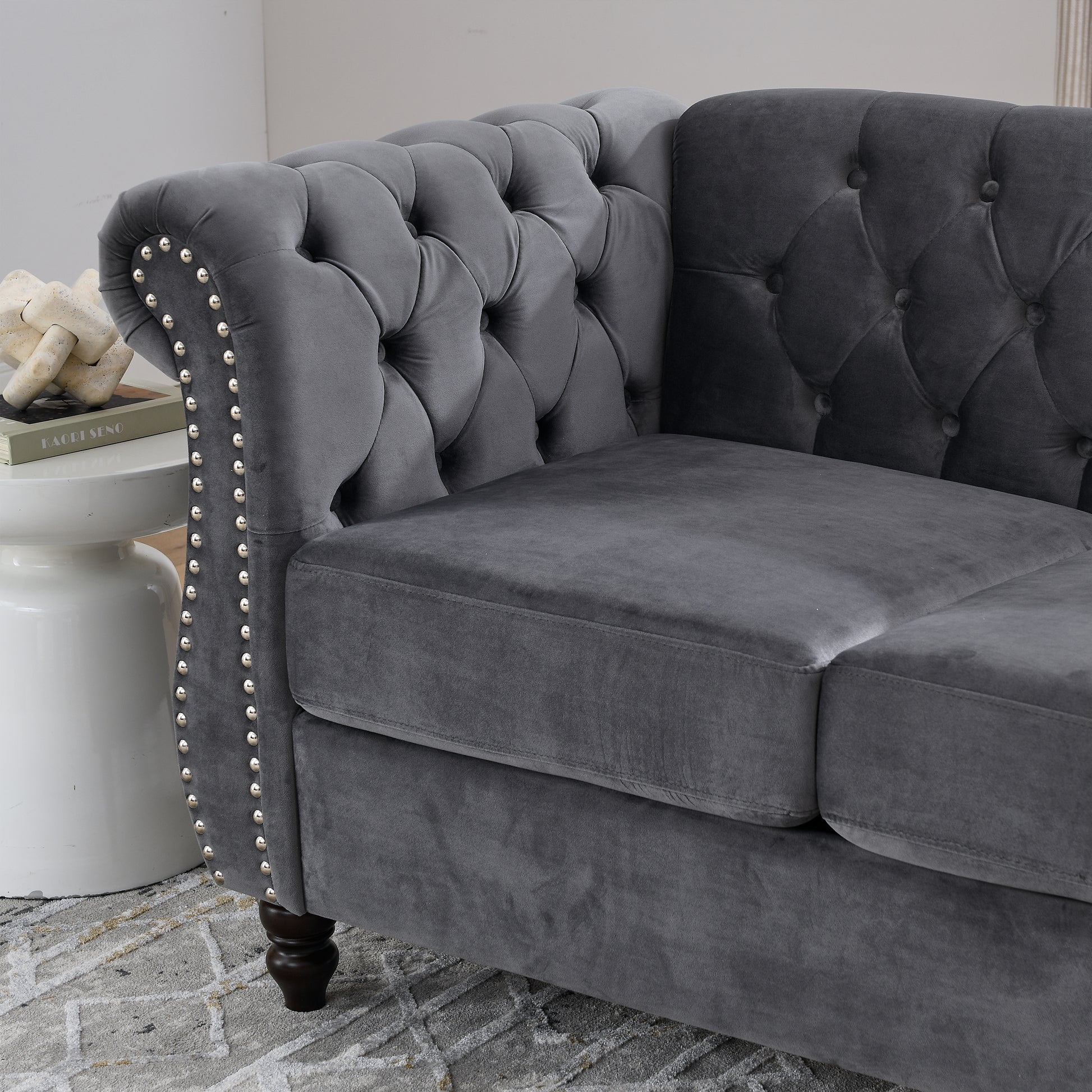 58.8" Chesterfield Sofa Grey Velvet For Living Room, 2 Seater Sofa Tufted Couch With Rolled Arms And For Living Room, Bedroom, Office, Apartment, Two Pillowsw834S00069 Grey Foam Velvet