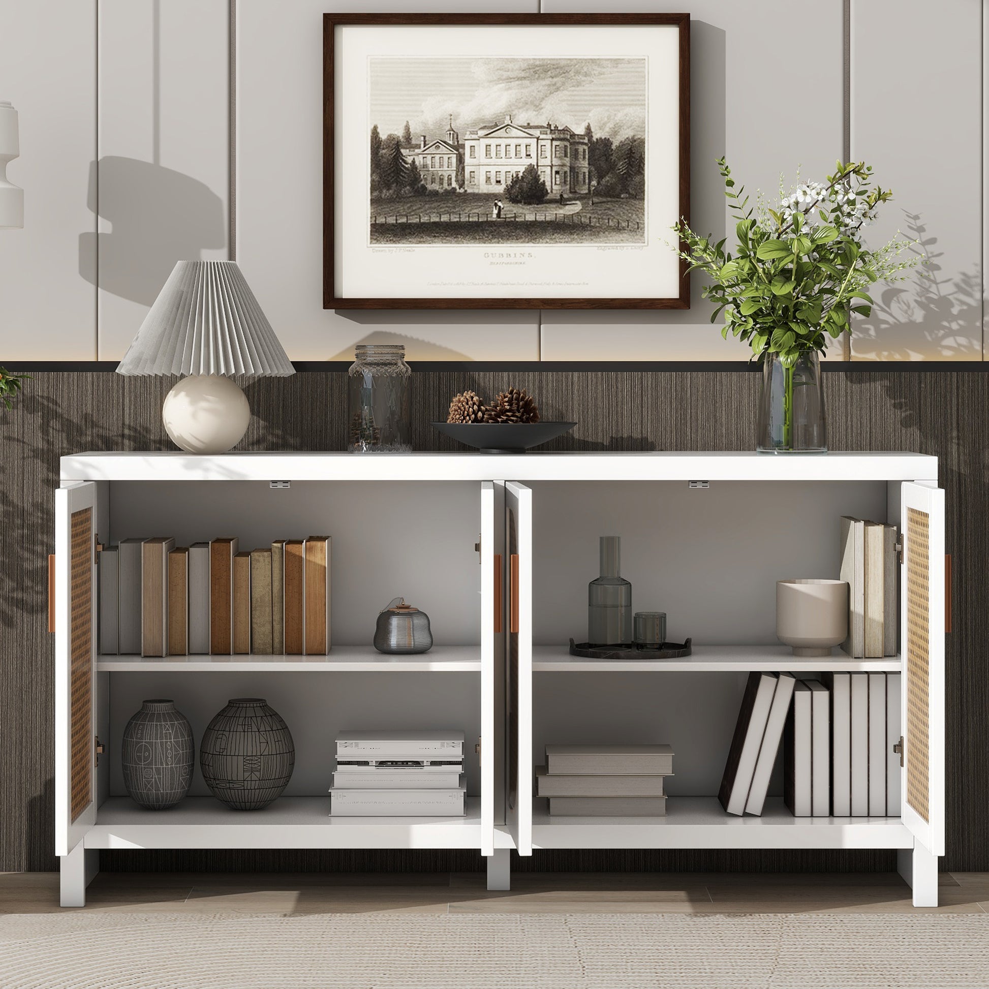 Modern Tv Stand For 65 Inch Tv With Rattan Doors, Adjustable Shelves And Metal Handles For Living Room, White White 60 69 Inches Particle Board