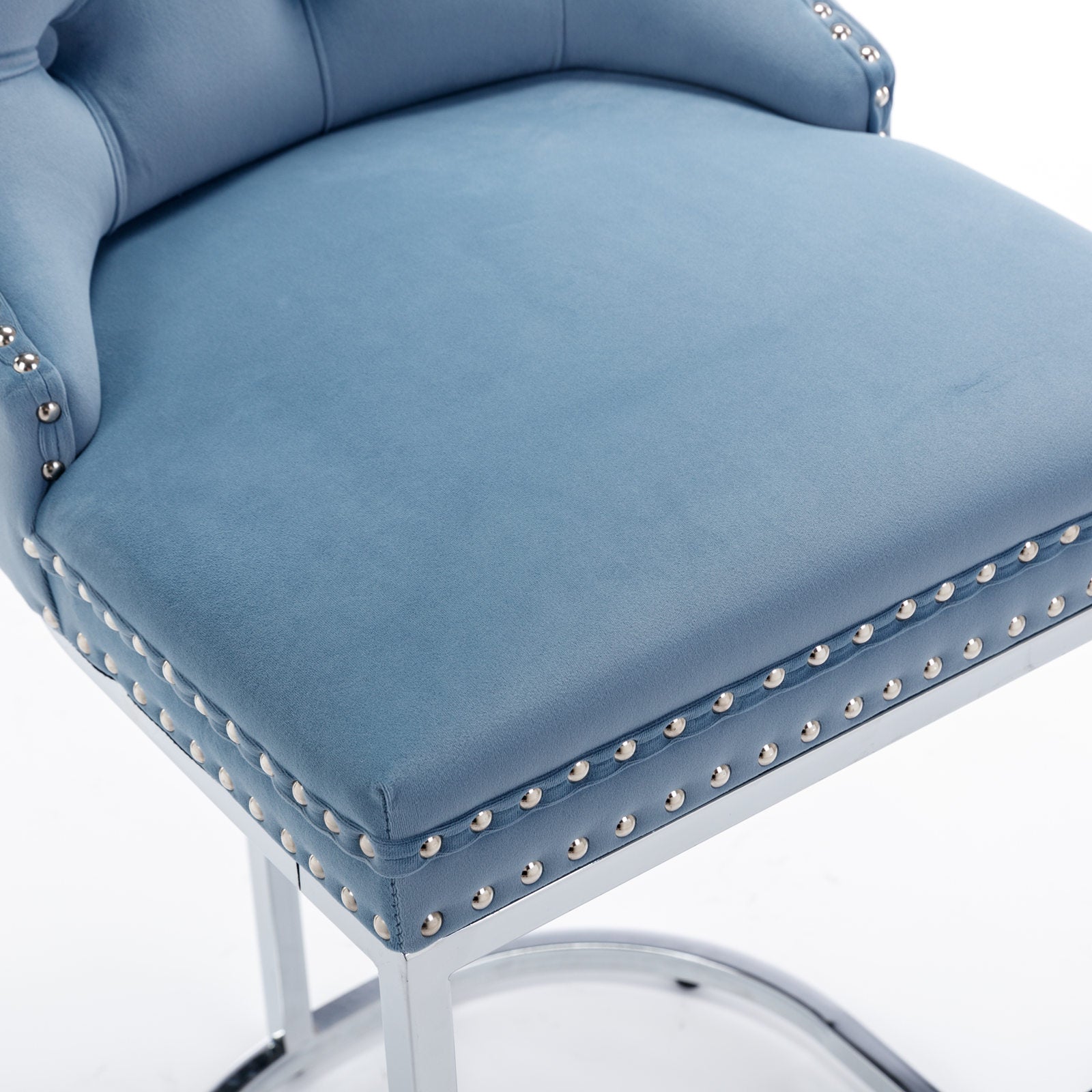 26" Counter Height Bar Stools Set Of 2, Modern Velvet Barstools With Button Back&Rivet Trim Upholstered Kitchen Island Chairs With Sturdy Chromed Metal Base Legs Farmhouse Bar Stools,Light Blue,2 Pack Light Blue Dining Room American Design Foam Velvet