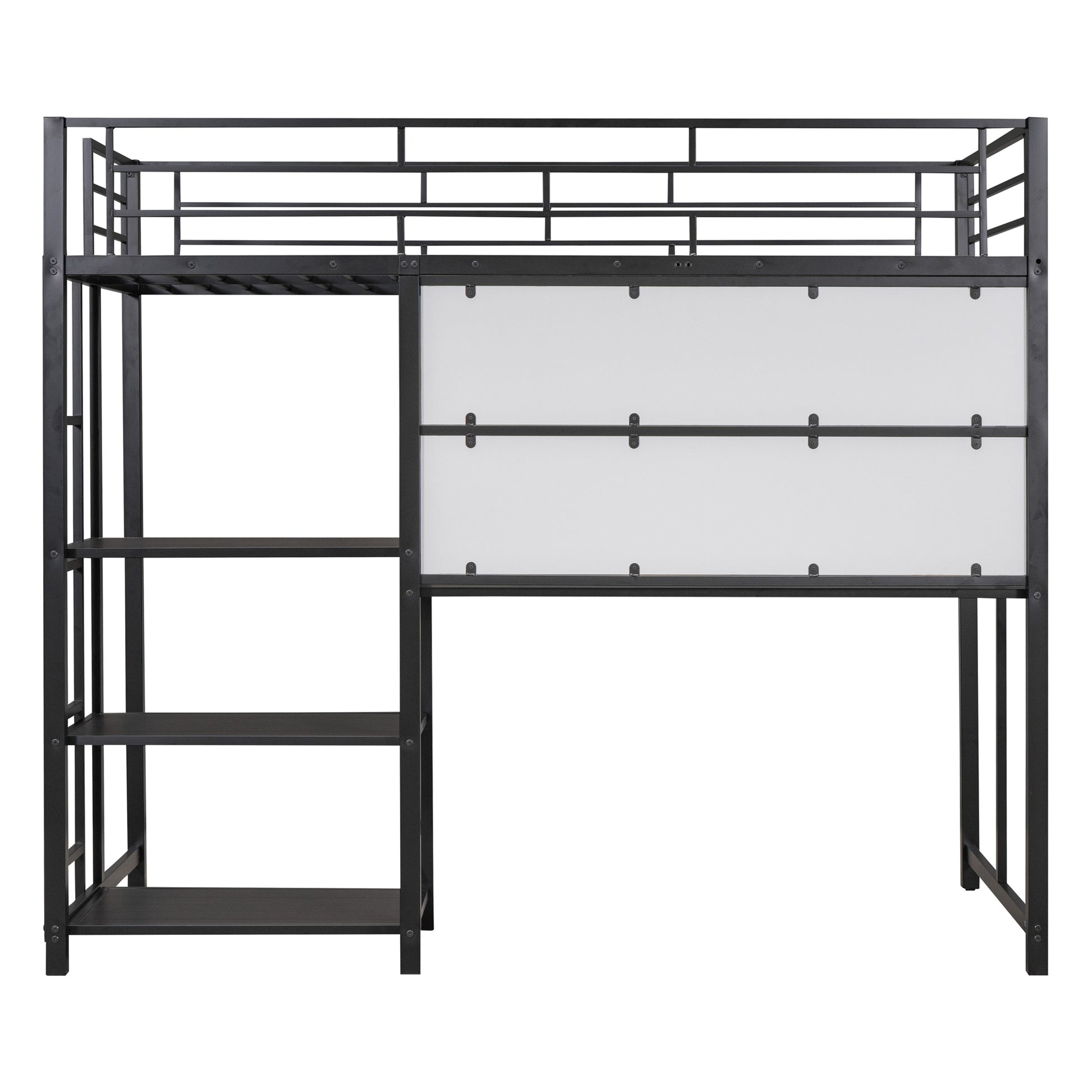 Twin Size Loft Bed With Desk And Whiteboard, Metal Loft Bed With 3 Shelves And Ladder, Black Black Steel