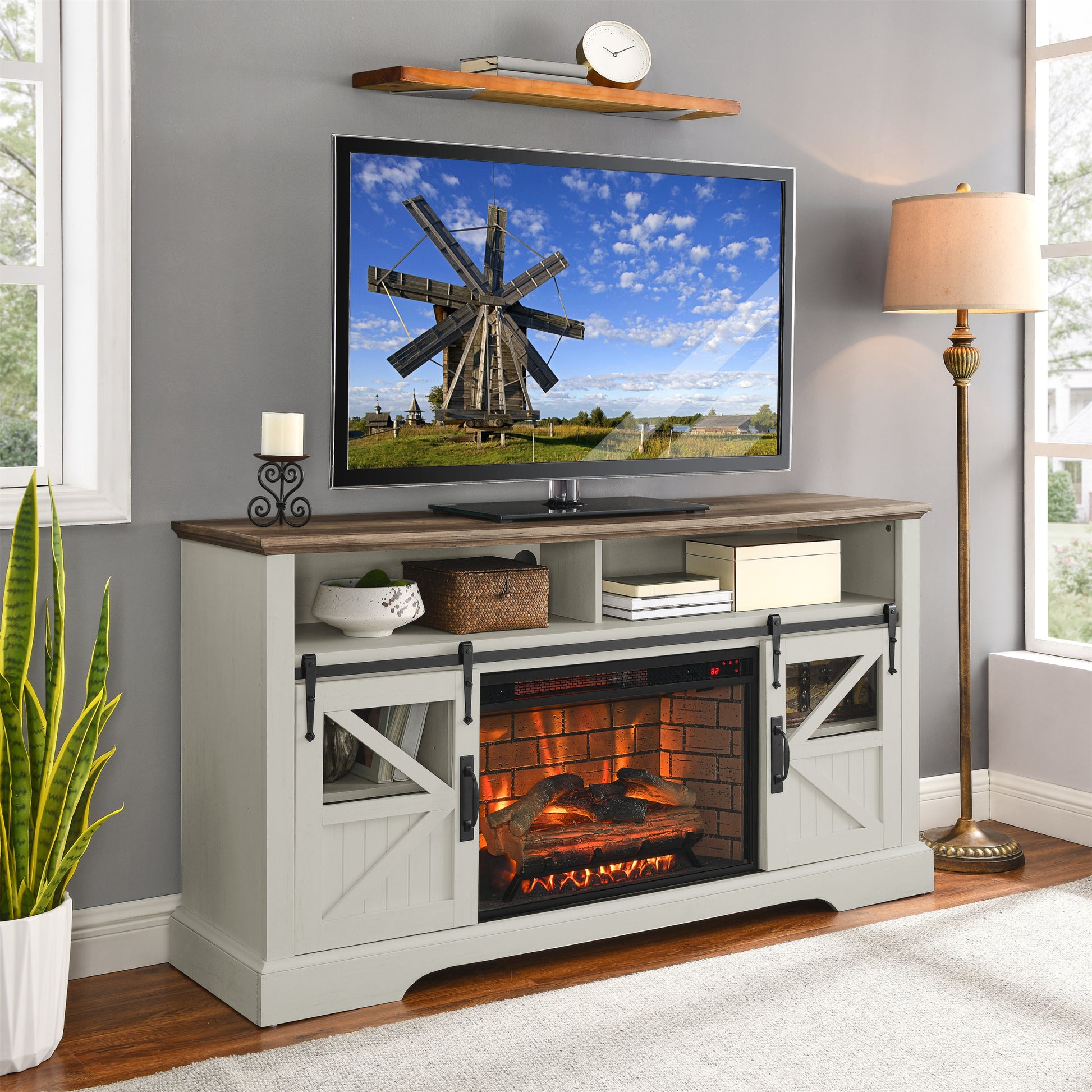 60 Inch Electric Fireplace Entertainment Center With Door Sensor Jasmine White Color Powder Coated Electric Jasmine White Vent Free Yes Insert Wood Stainless Steel Glass Electric