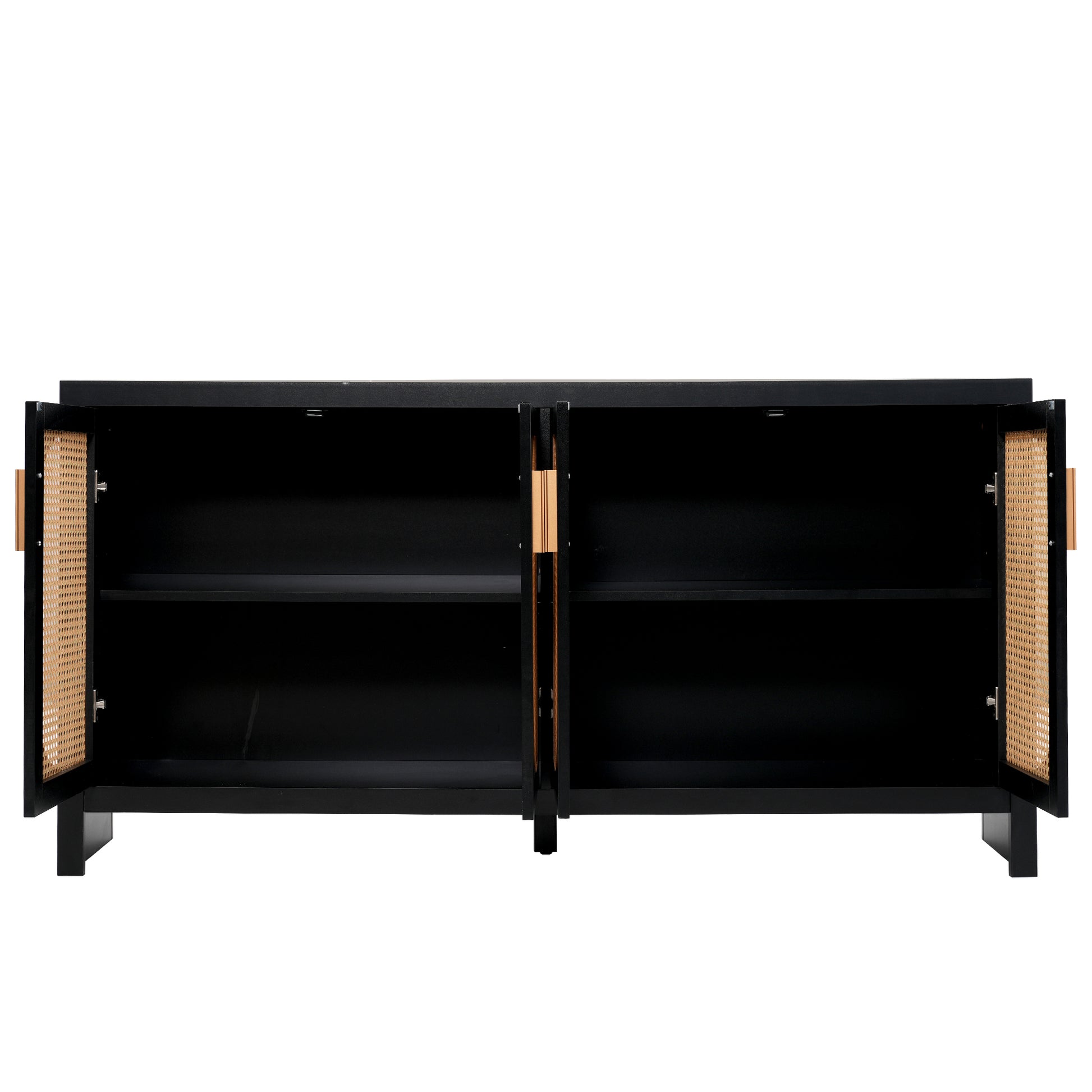 Modern Tv Stand For 65 Inch Tv With Rattan Doors, Adjustable Shelves And Metal Handles For Living Room, Black Black 60 69 Inches Particle Board