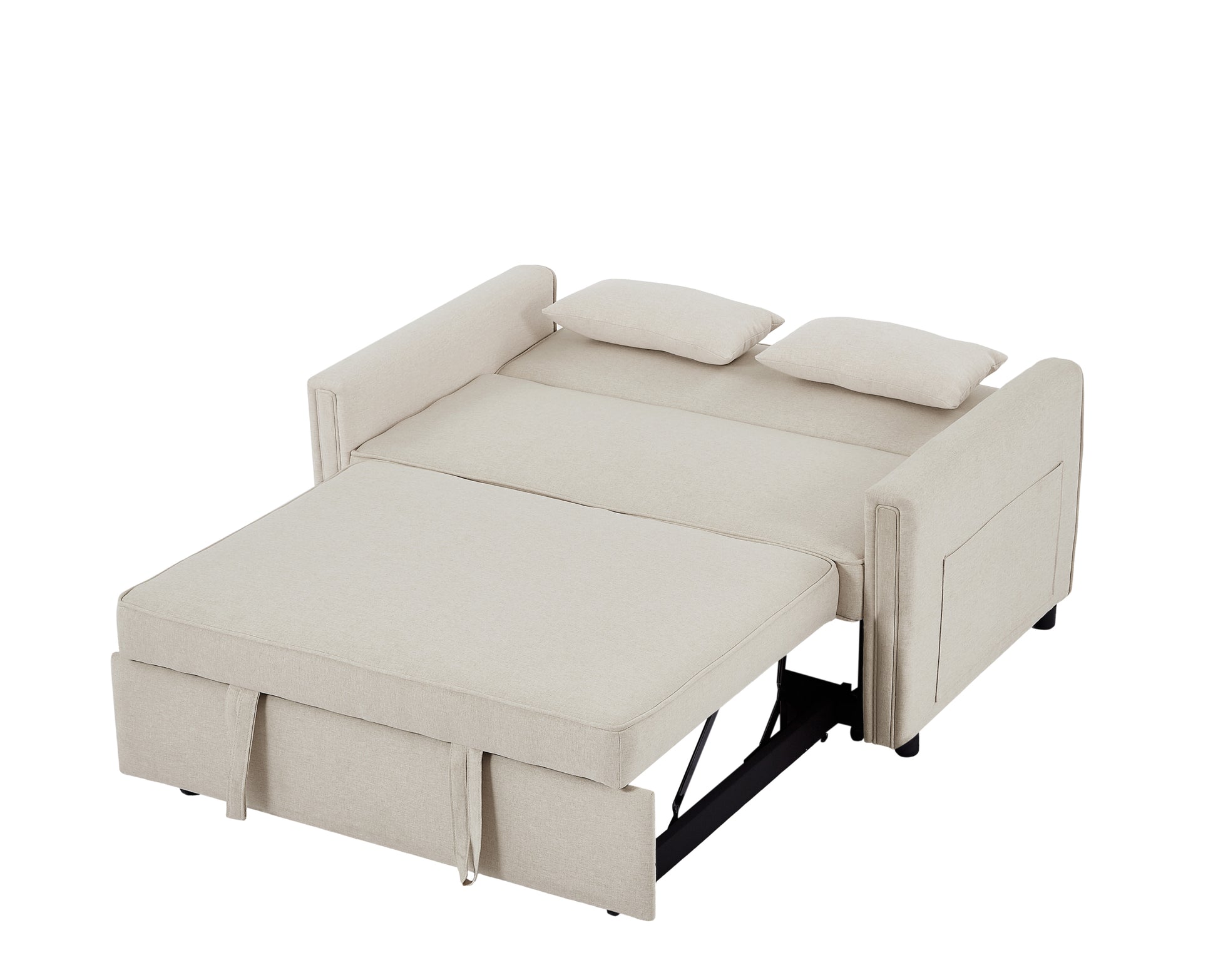 Modern Linen Convertible Loveseat Sleeper Sofa Couch With Adjustable Backrest, 2 Seater Sofa With Pull Out Bed With 2 Lumbar Pillows For Small Living Room & Apartment Ivory Linen