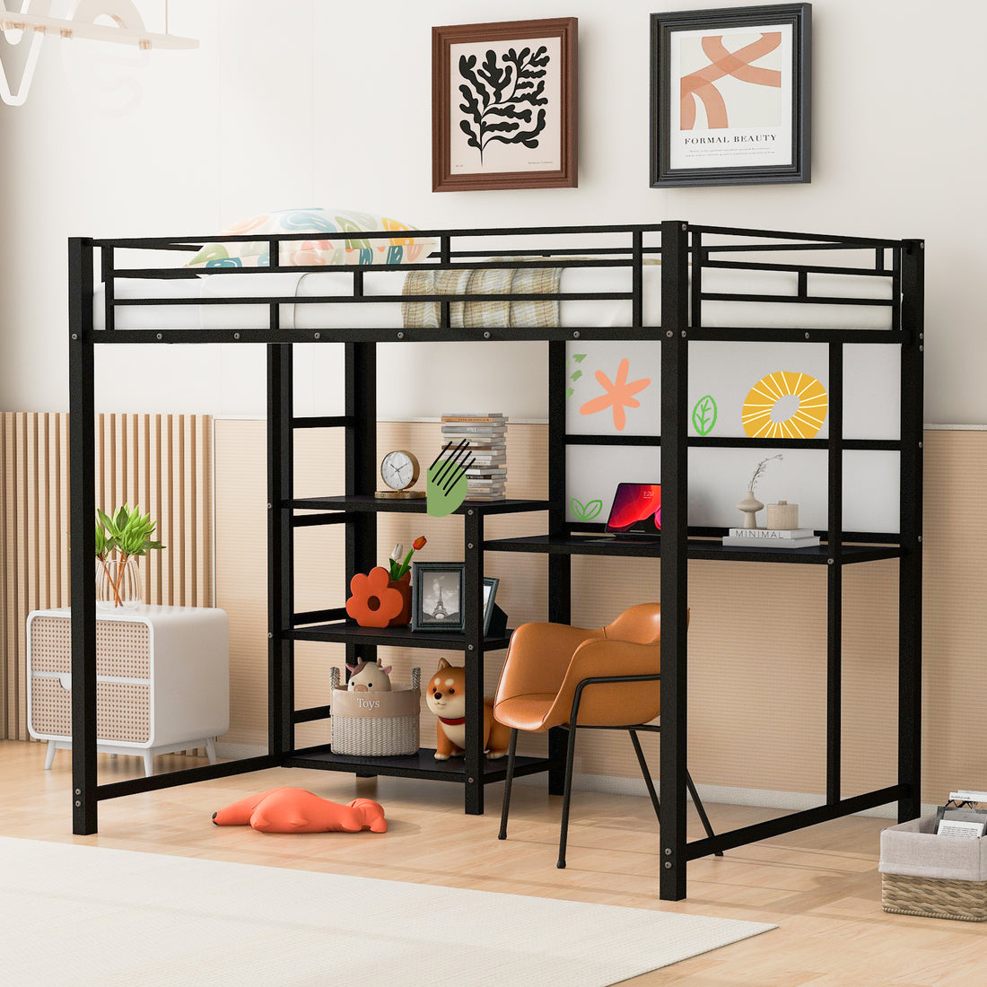 Full Size Loft Bed With Desk And Whiteboard, Metal Loft Bed With 3 Shelves And Ladder, Black Black Steel